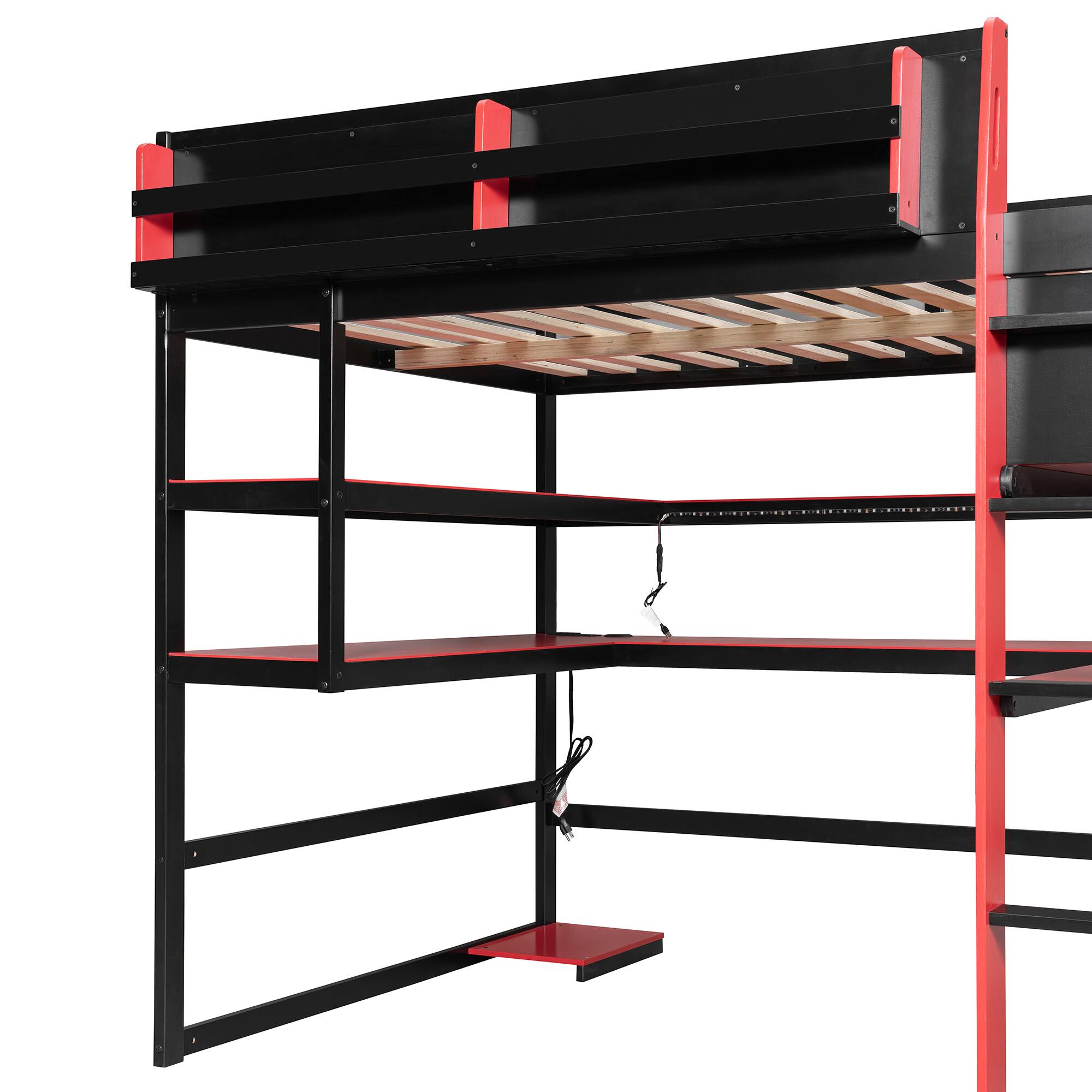 Alt View 1. Anysun - Full Size Wood Loft Bed with Desk,Side storage rack,Multi-storage Shelves and RGB Light - Red.