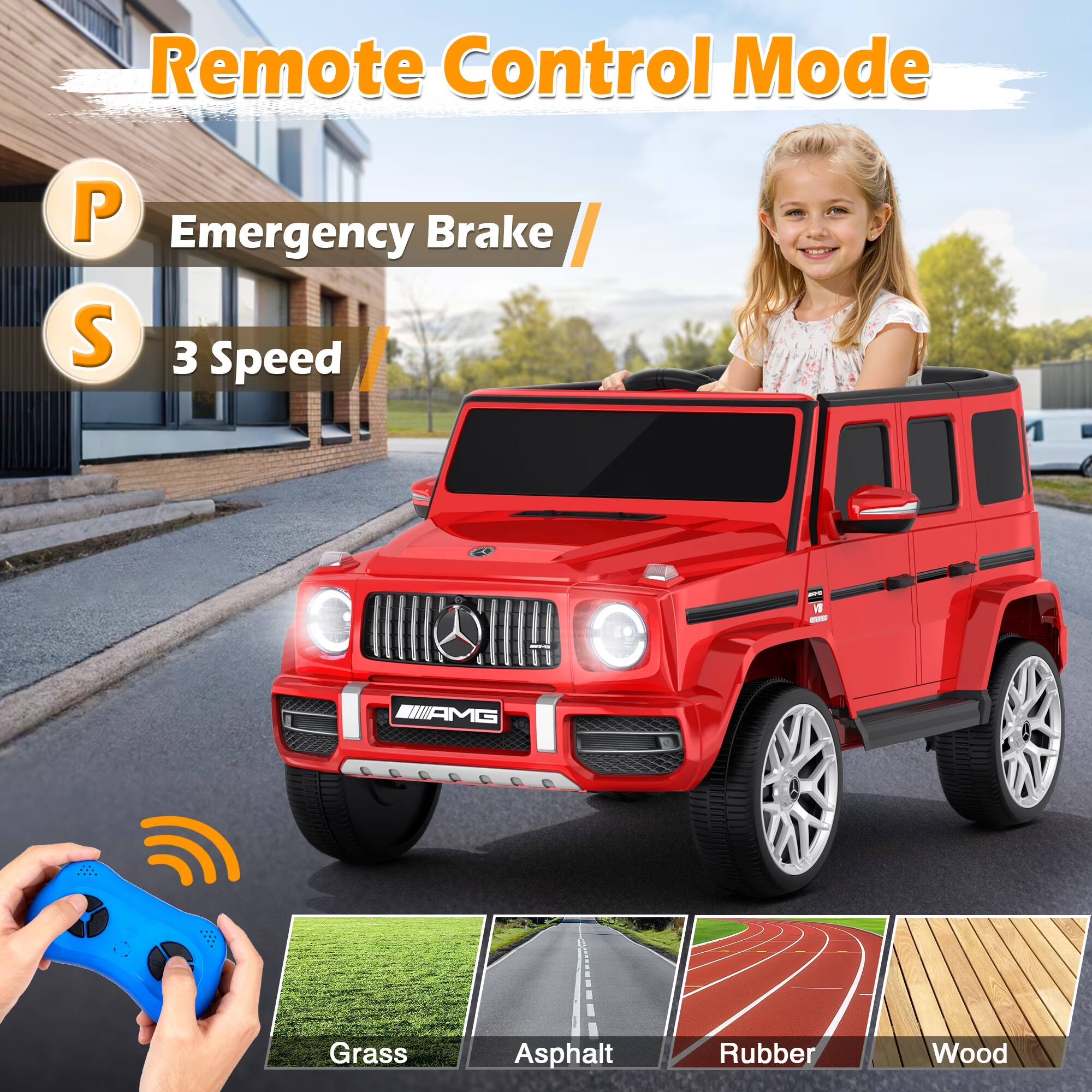 Remote Control Mode  
P Emergency Brake  
S 3 Speed  

SUPER  
AMG  

Grass  
Asphalt  
Rubber  
Wood