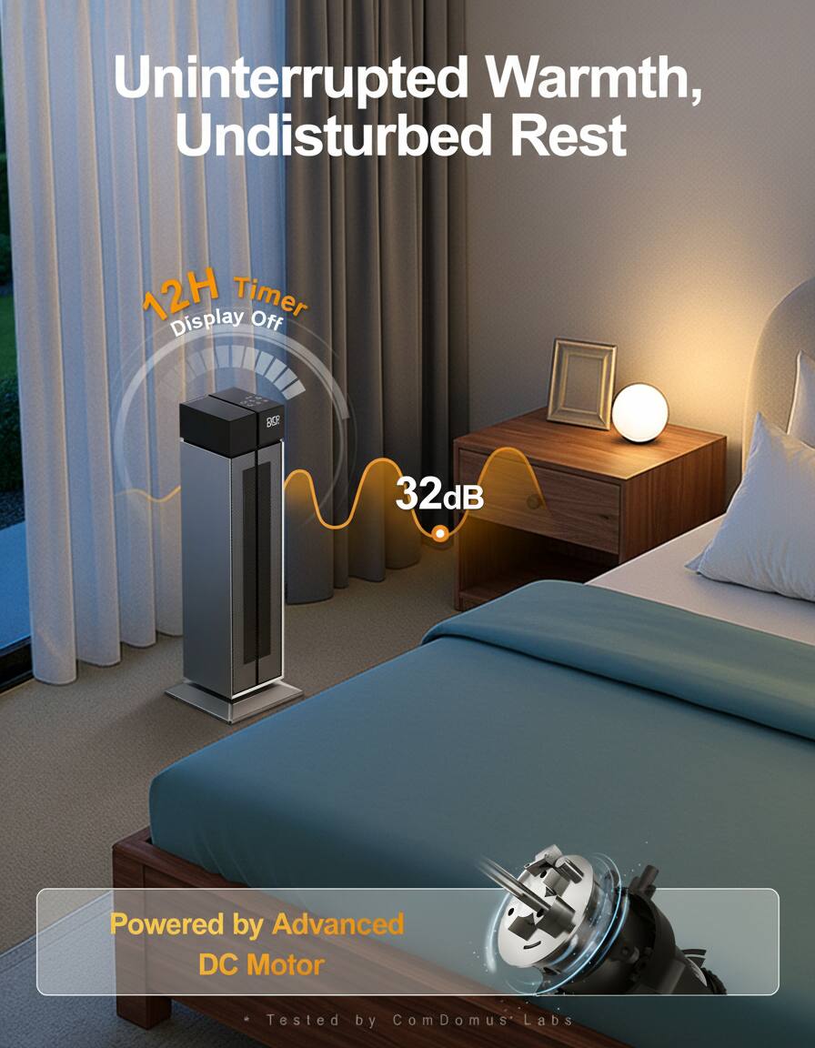 Uninterrupted Warmth, Undisturbed Rest

12H Timer Display Off

32dB

Powered by Advanced DC Motor

Tested by ComDomus Labs