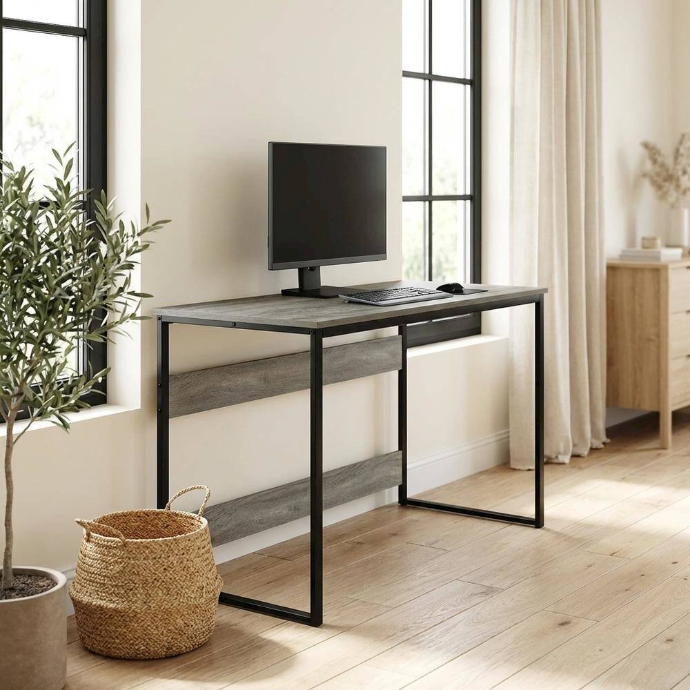 Left. BisonOffice - Modern French Oak Grey Study Desk With Sleek Workspace Design - French Oak Grey.