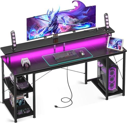 Front. Hirose Alice - Gaming Desk With Led Lights & Power Outlets  Computer Monitor Stand Storage Shelves Cpu Home Office Gaming Env - Black-63 inches.
