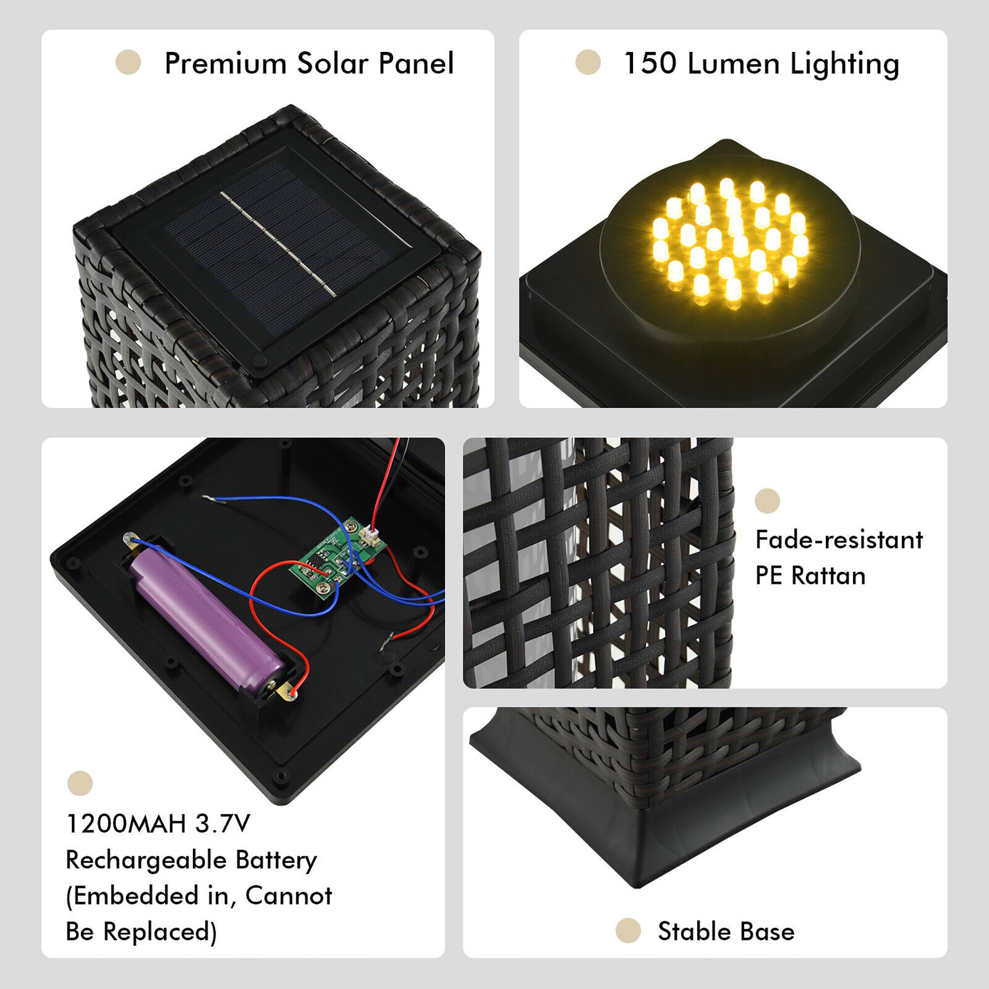 Premium Solar Panel  
150 Lumen Lighting  
Fade-resistant PE Rattan  
1200MAH 3.7V Rechargeable Battery (Embedded in, Cannot Be Replaced)  
Stable Base