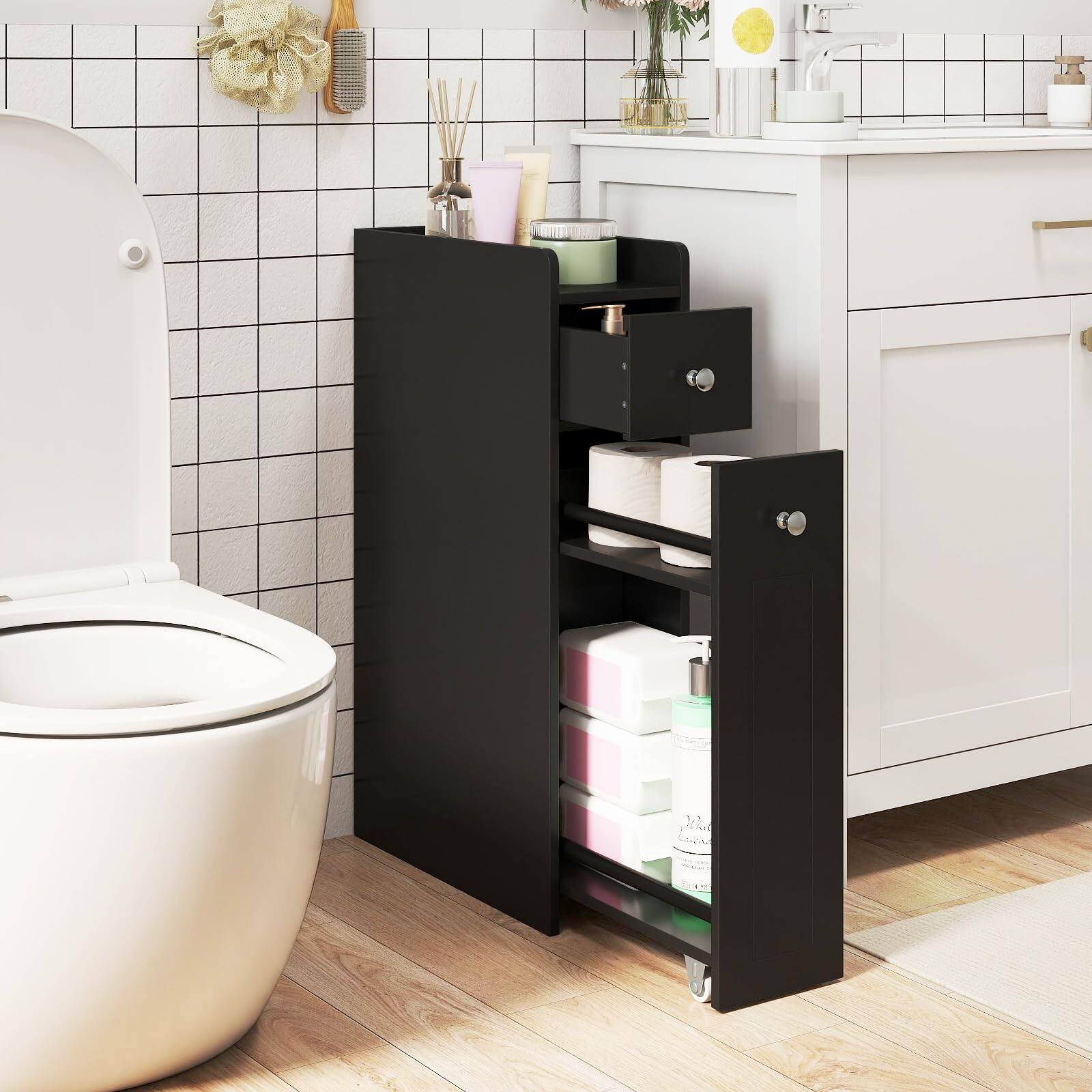 Alt View 1. Ecooso - Narrow Toilet Side Storage Cabinet, 4-Tier Slim Organizer with Slide-Out Drawers, Rolling Casters - Black.