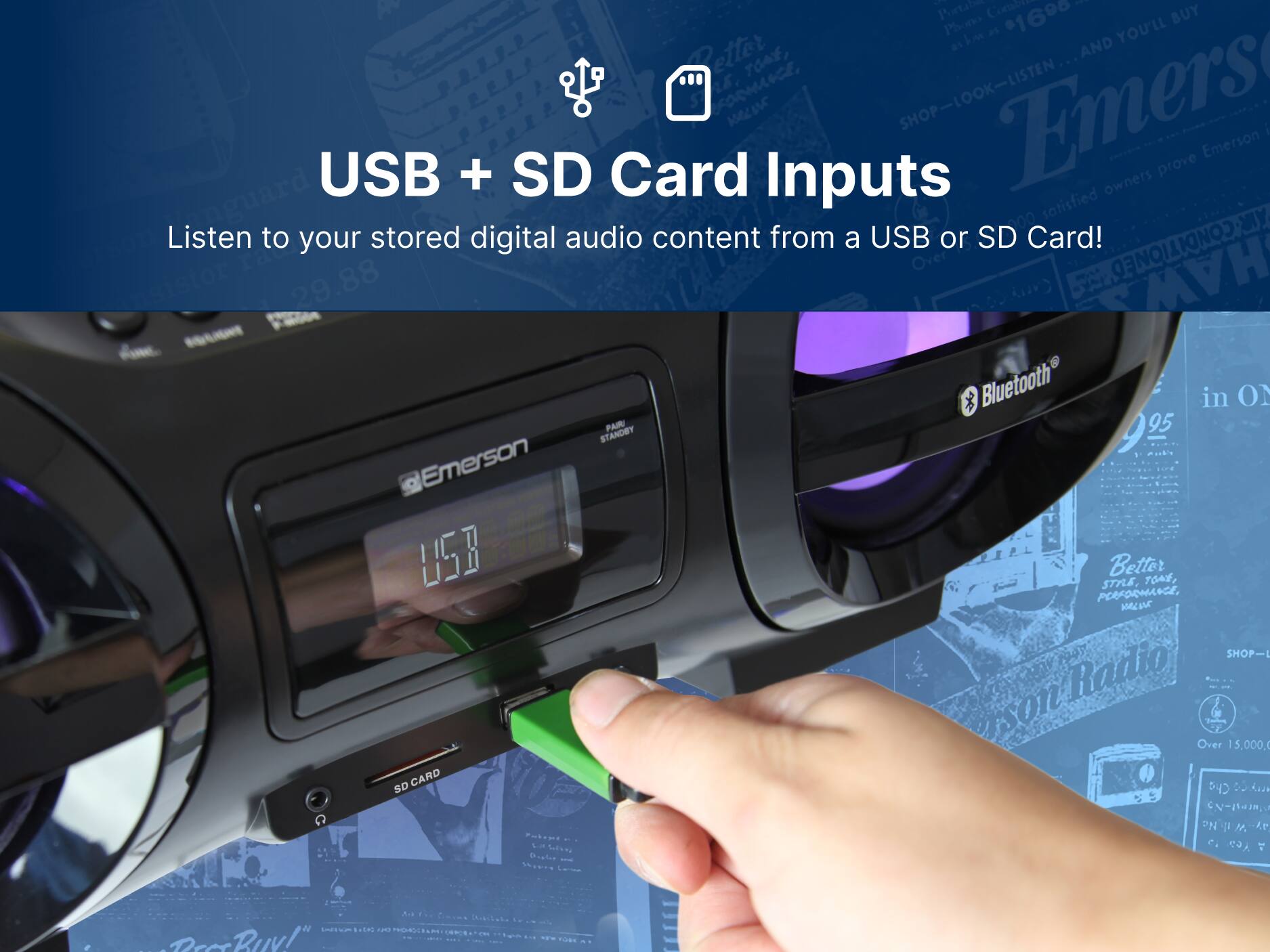 Combin 1 Purtibes 1690 BUY Phono Lo as YOU'LL etter AND TOAE, 5, FODmC, SHOP-LOOK-LISTEN guard USB + SD Card e Inputs Emers owners prove Emerson 1 sotisfied MIY Listen to your stored digital audio content from a USB or SD Card! CONDI 29.88 HAW Bluetooth in O PAR 95 STANDEY 95 Emerson USB STLE. Better TOAE, PORFORMANC, M SHOP-I Radio son Over n 15,000 SD CARD : Che f N- D No Ar M.   C. Yea 7 Diglus Haprs Lama N . Caies AIsiSala  ... .-  Ruvl" | --
