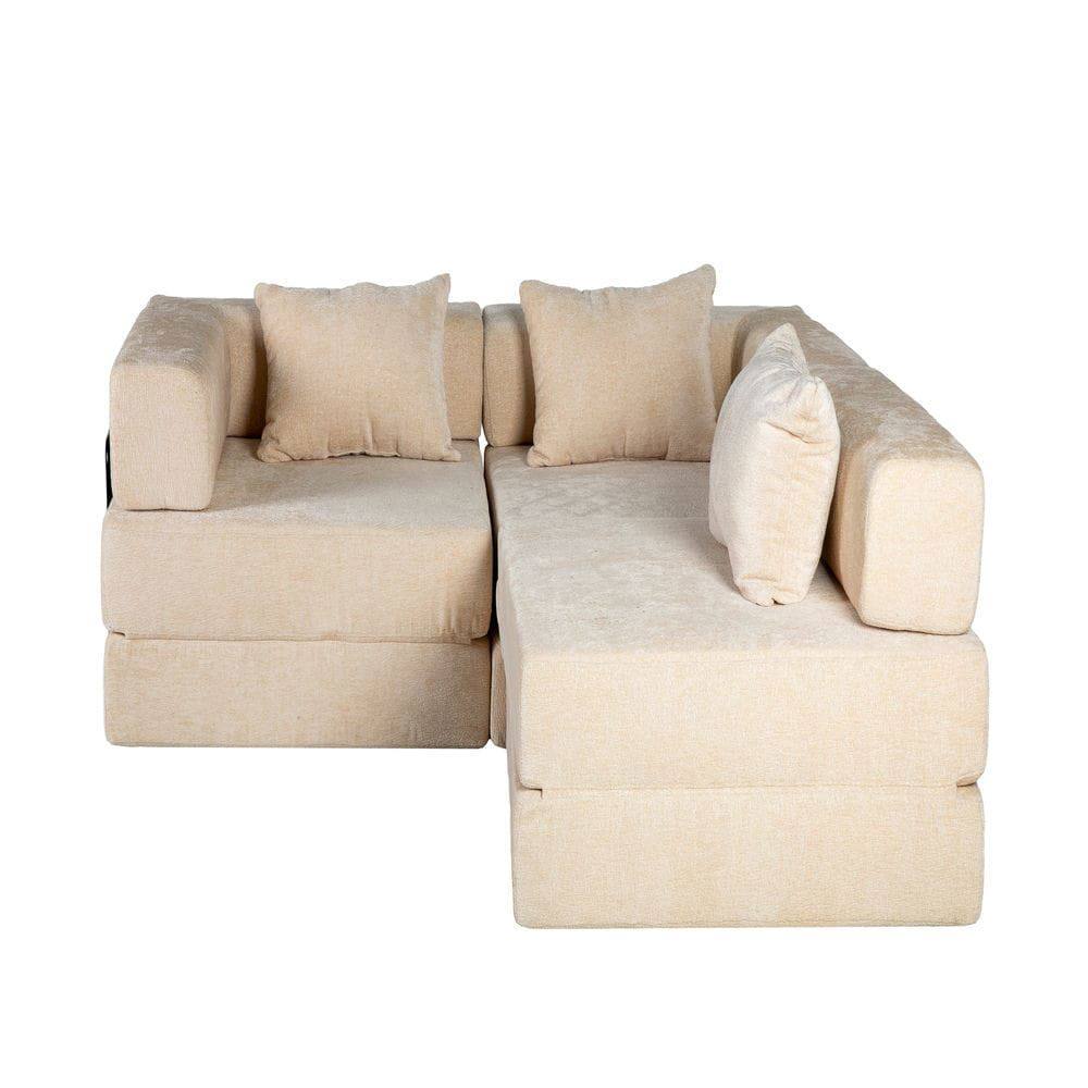 Left. Kadyn - Boneless Sectional Sofa Bed, Convertible Floor Lounger with Fixed Frame in Soft Chenille Fabric, Beige - Beige.