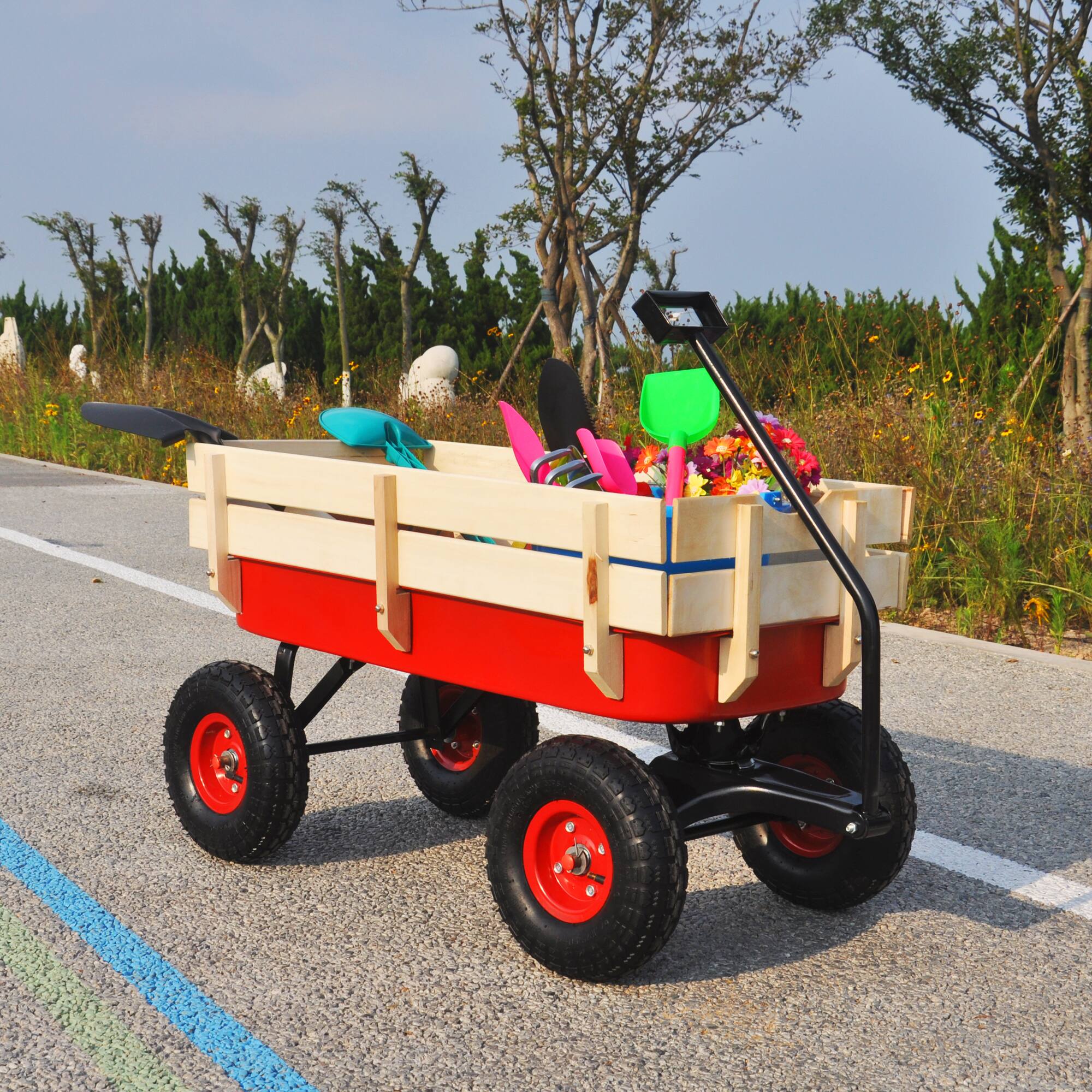 Alt View 1. Ecooso - Outdoor Utility Wagon with Wooden Side Panels and Air Tires for Transport - Red.
