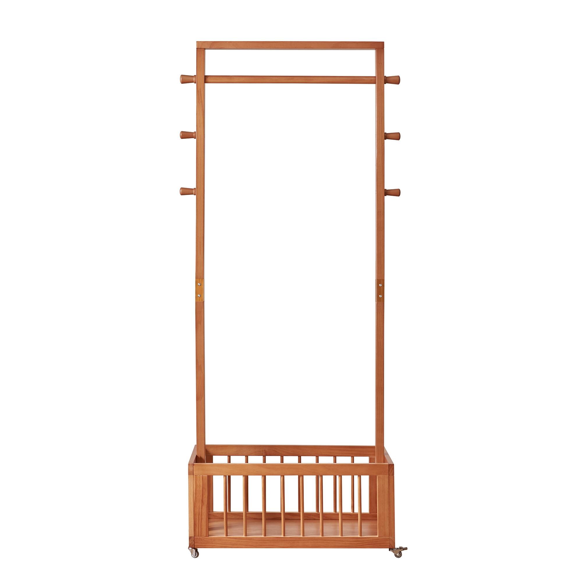 Alt View 2. MERAVOM - Solid Wood Freestanding Coat Rack with Rolling Wheels & Storage Basket, Clothes Hanger Stand with Side Hooks for Bedroom - Cherry.