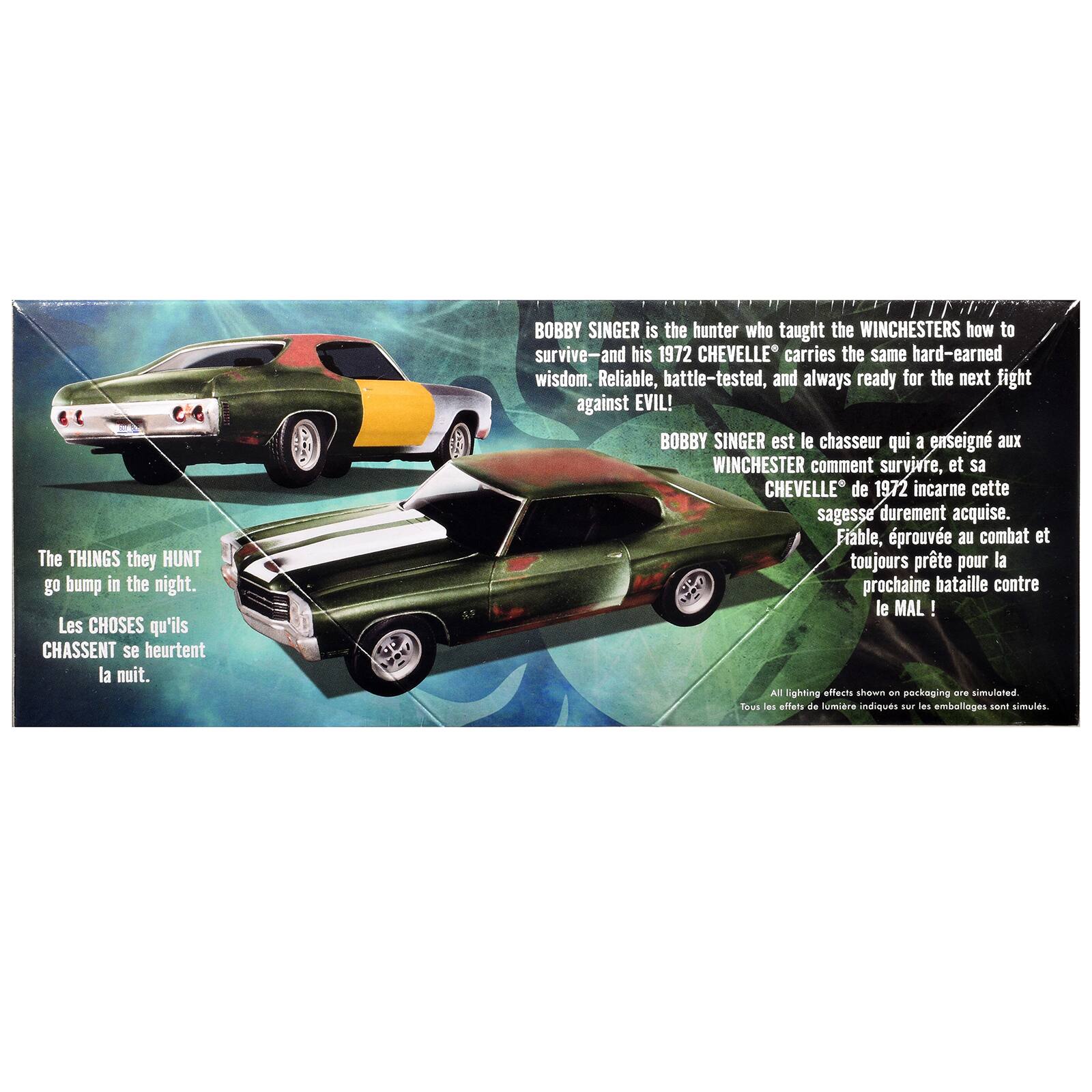 The THINGS they HUNT go bump in the night.  
Les CHOSES qu'ils CHASSENT se heurtent la nuit.  

BOBBY SINGER is the hunter who taught the WINCHESTERS how to survive—and his 1972 CHEVELLE® carries the same hard-earned wisdom. Reliable, battle-tested, and always ready for the next fight against EVIL!  
BOBBY SINGER est le chasseur qui a enseigné aux WINCHESTER comment survivre, et sa CHEVELLE® de 1972 incarne cette sagesse durement acquise. Fiable, éprouvée au combat et toujours prête pour la prochaine bataille contre le MAL !  

All lighting effects shown on packaging are simulated.  
Tous les effets de lumière indiqués sur les emballages sont simulés.
