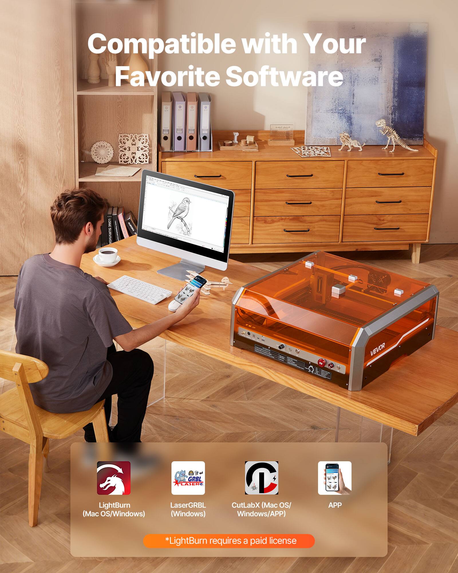 Compatible with Your Favorite Software

- LightBurn (Mac OS/Windows)
- LaserGRBL (Windows)
- CutLabX (Mac OS/Windows/APP)
- APP

*LightBurn requires a paid license