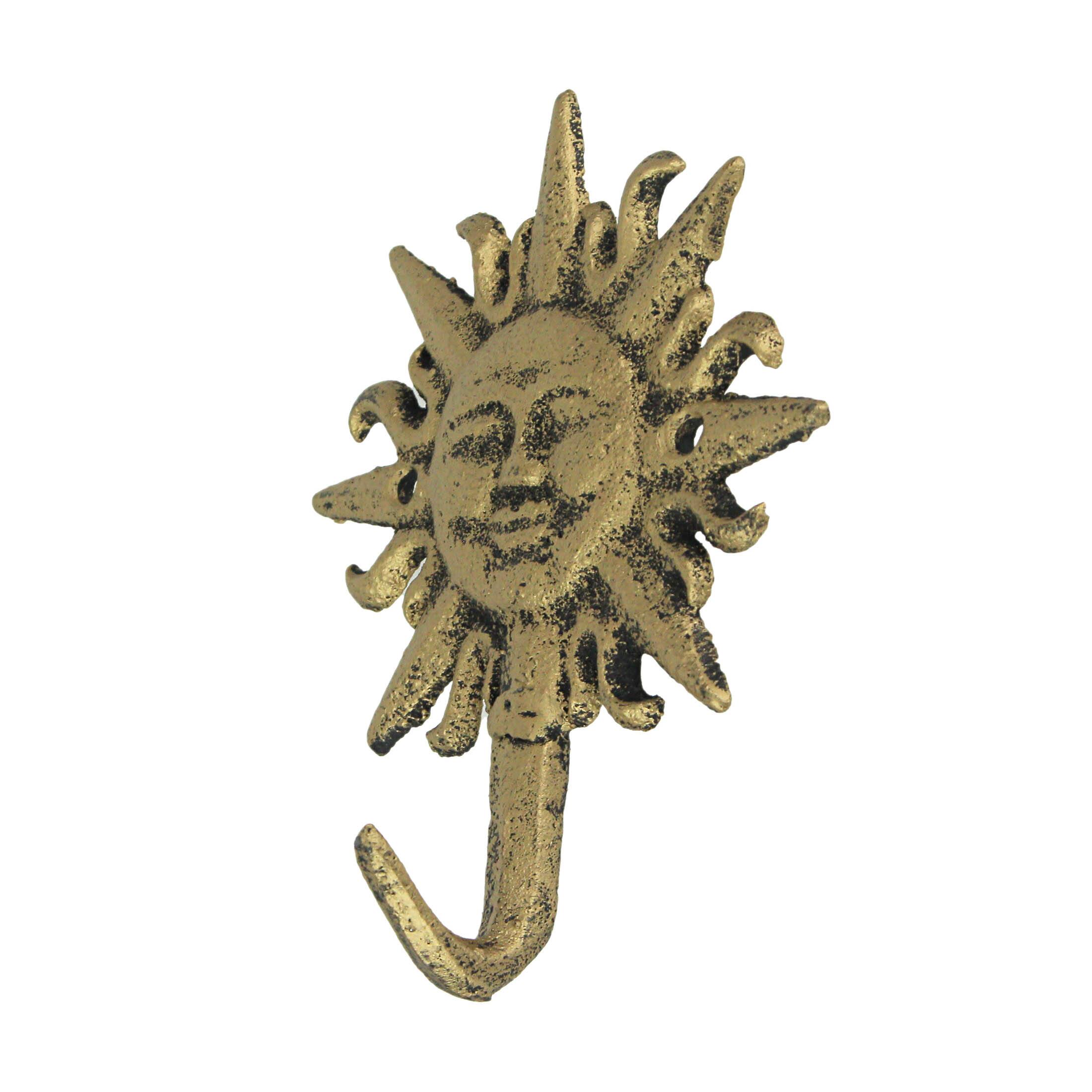 Alt View 1. Zeckos - Set of 3 Cast Iron Gold Sun Face Decorative Wall Hooks Towel Coat Hanger Rack - Gold.
