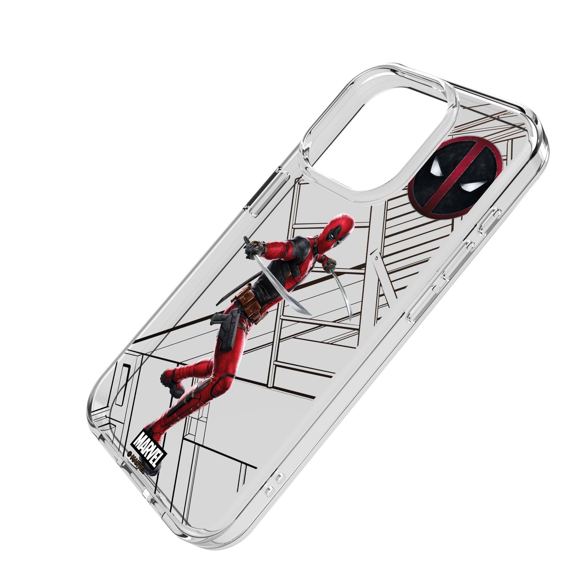 Angle. Keyscaper - Marvel MechLine Clear Phone Case - Apple iPhone 13 Mini - Deadpool.