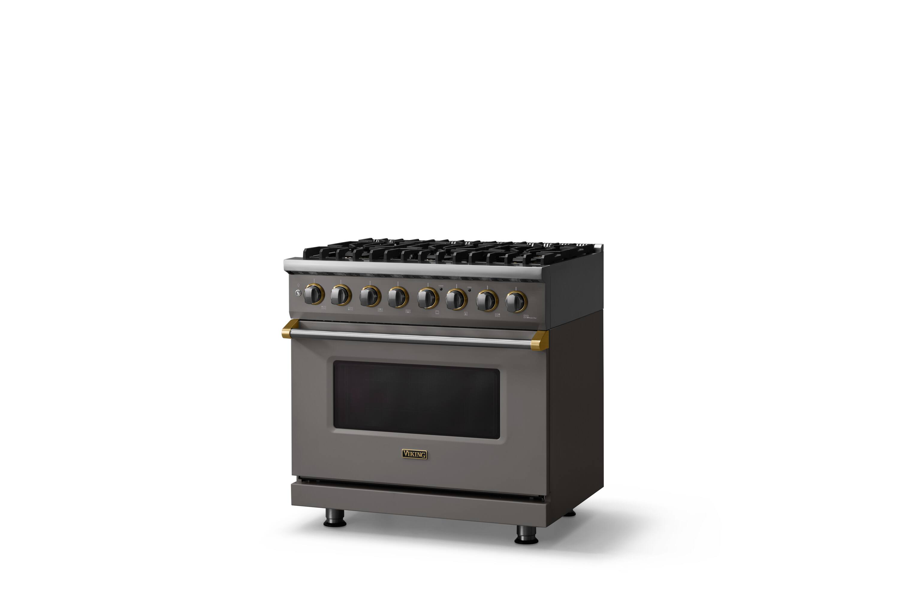 Angle. Viking - 36 in. Wide 6 Burner Pro 5 Series 5.6 Cu. Ft. Freestanding Sealed DF Convection Range with Brushed Brass Trim - Damascus Gray.