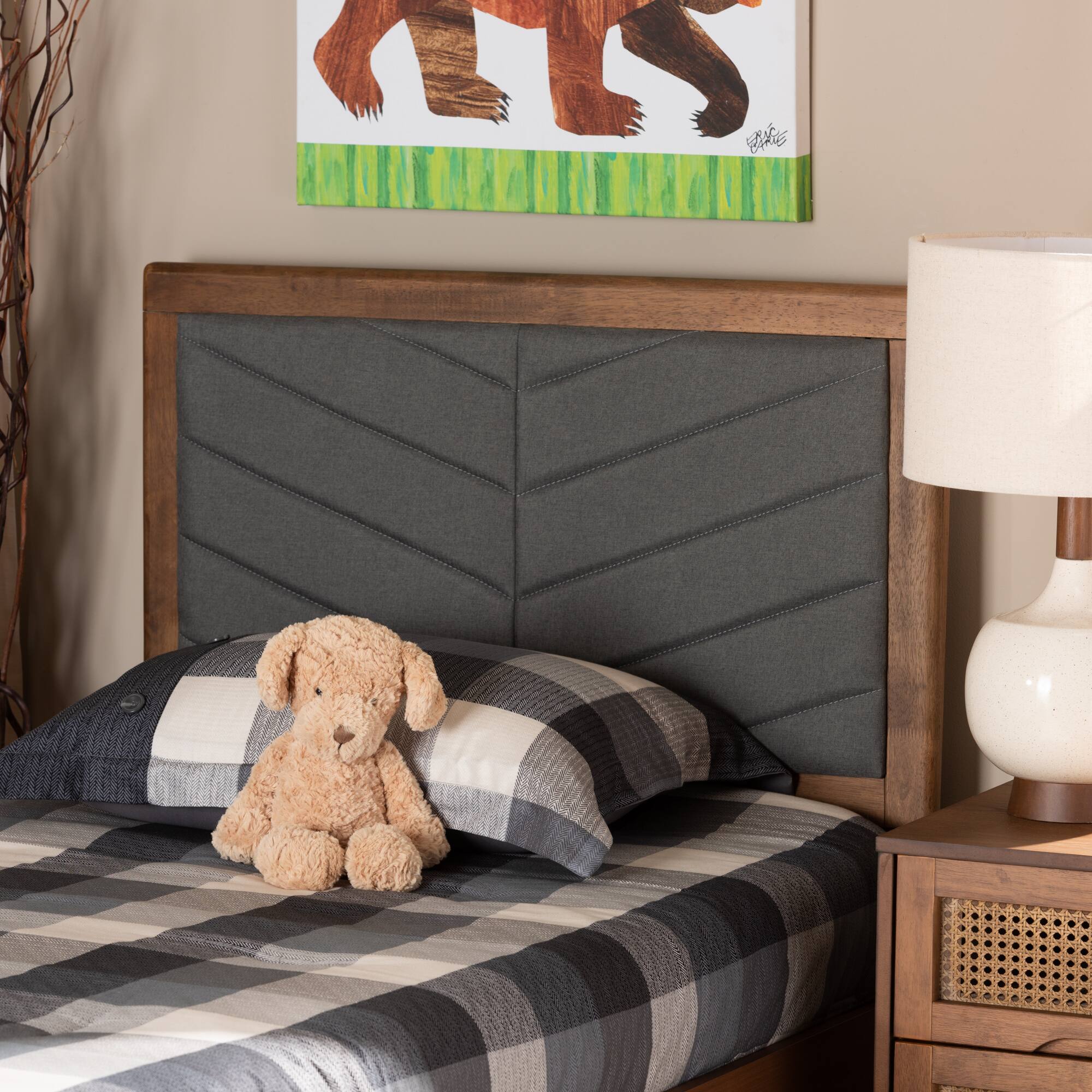 Back. Baxton Studio - Iden Modern and Contemporary Fabric Upholstered and Finished Wood Twin Size Headboard - Dark Grey/Walnut Brown.