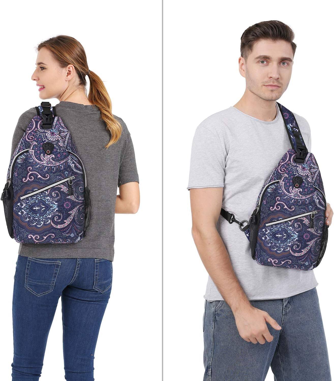 Alt View 2. mosiso - Sling Backpack Multipurpose Crossbody Shoulder Bag Travel Hiking Daypack - Navy Blue Base Totem Texture.