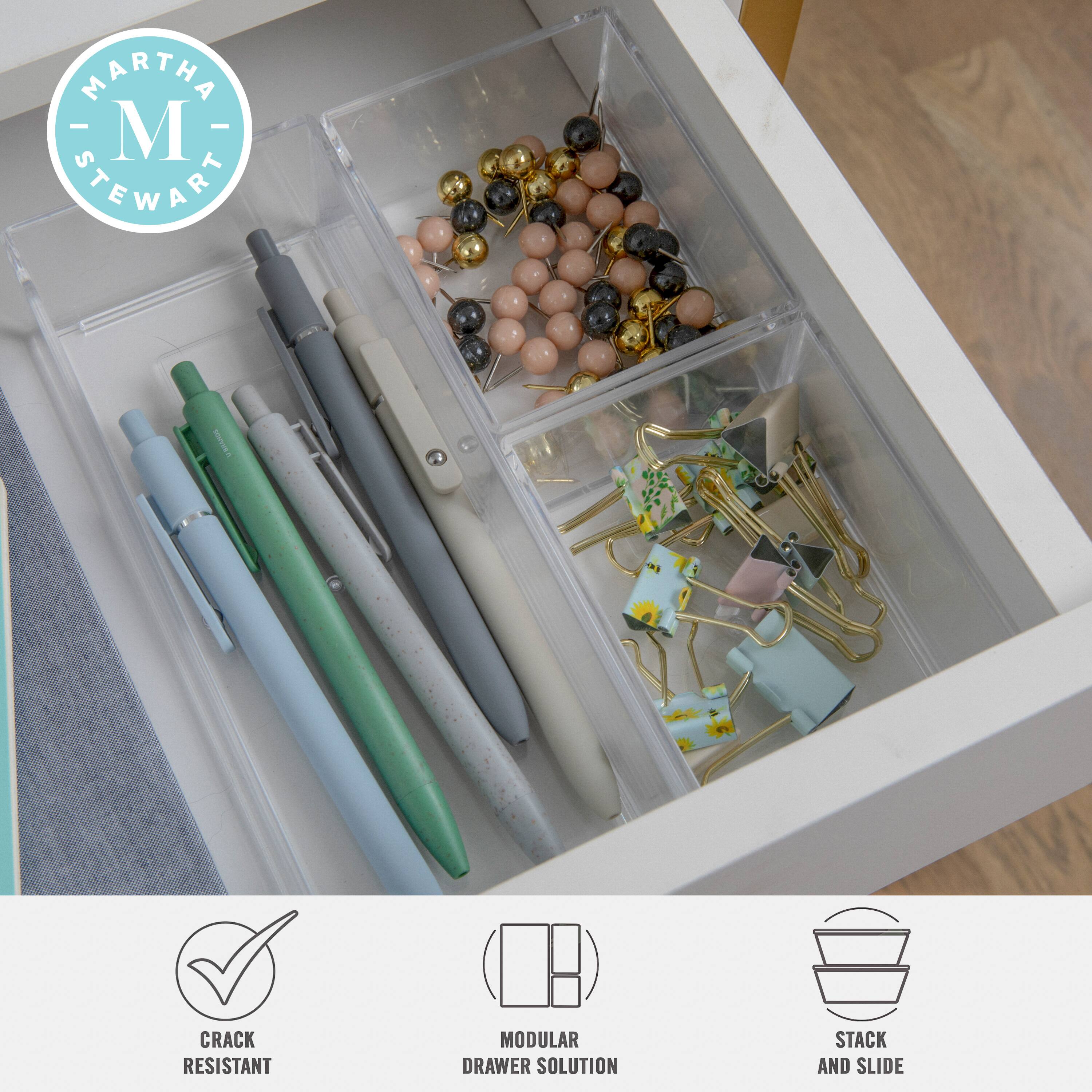 Martha Stewart is the brand name associated with the modular drawer solution, which includes a stack and slide feature.