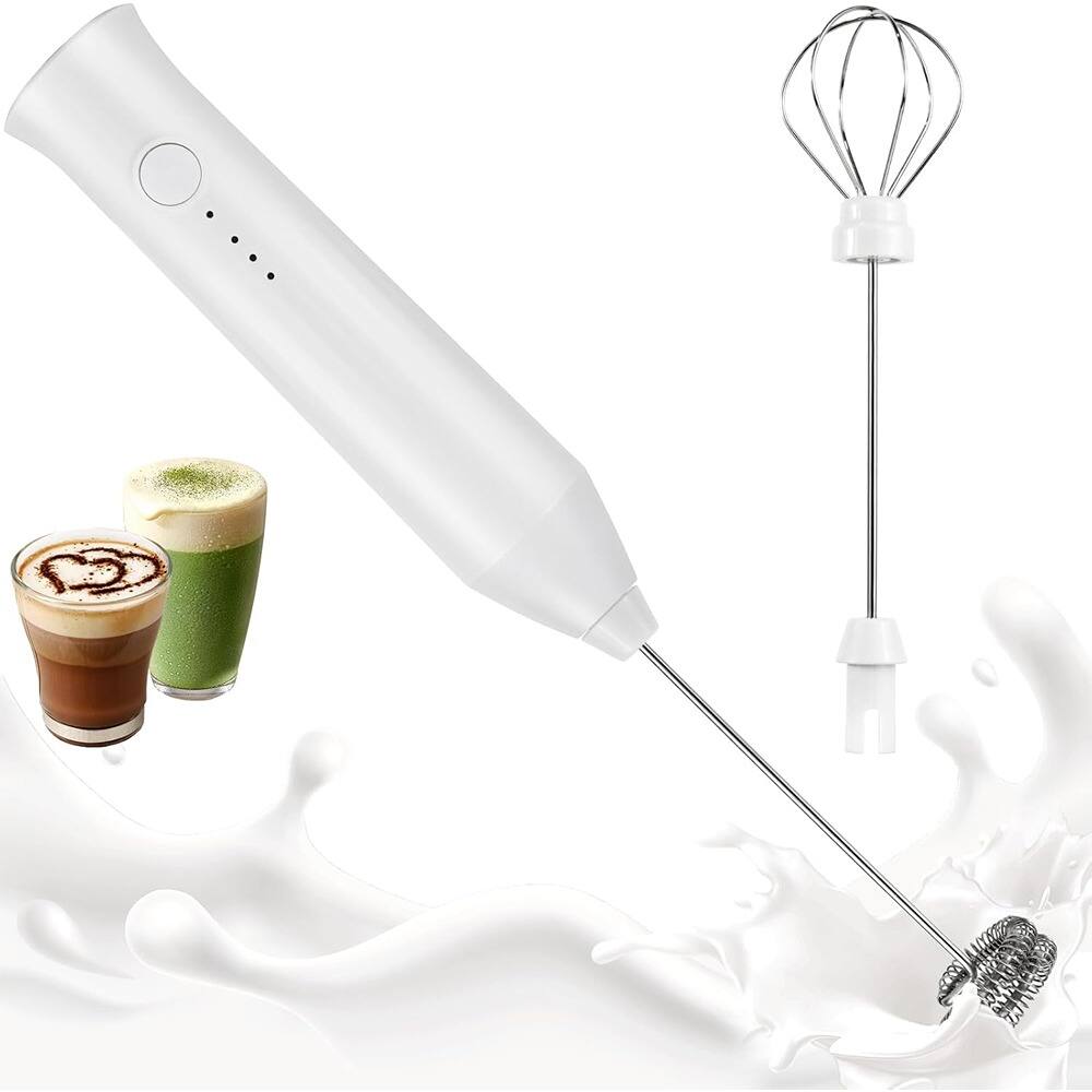Angle. ACJPR - Rechargeable Electric Handheld Milk Frother with 2 Stainless Steel Whisks and 3 Speeds for Coffee, Lattes, Cappuccino, M - White.