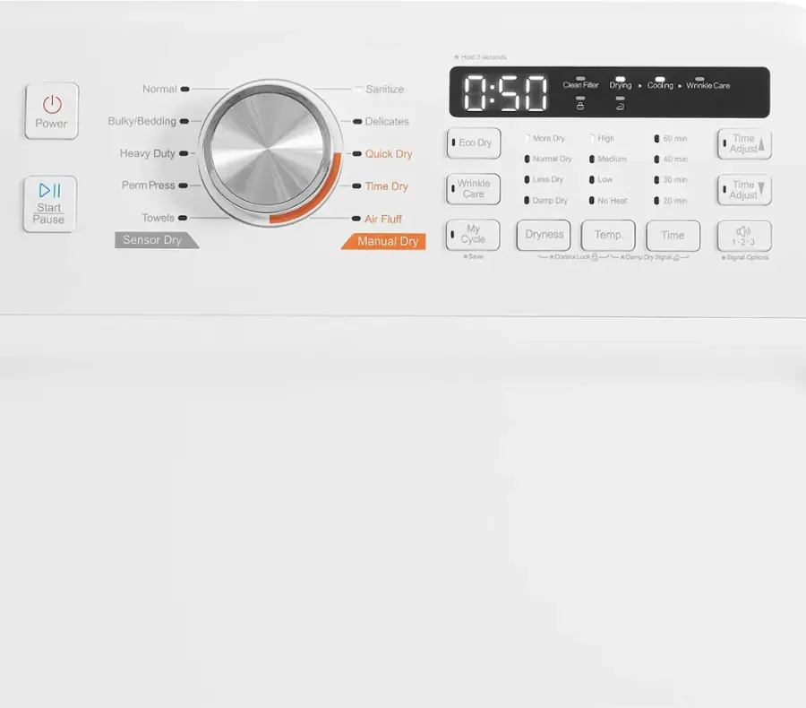 The text on the image can be grouped and corrected as follows:

* Power Normal Bulky/Bedding Heavy Duty Sanitize Delicates Quick Dry:
	+ Hold 3 seconds CleanFitter Drying 0:50 More Dry High Eco Dry Normal Dry Medium Cooling Wrinkle Care GO min Time Adjust 40 min DII Start Pause Perm Press Towels Sensor Dry Time Dry Air Fluff Manual Dry Wrinkle Care My Cycle *Save Less Dry Low 30 min Damp Dry No Heat 20 min Dryness Temp. Time . Control Lock * Damp Ory Signal  Time Adjust  1-2-3 . Signal Options
