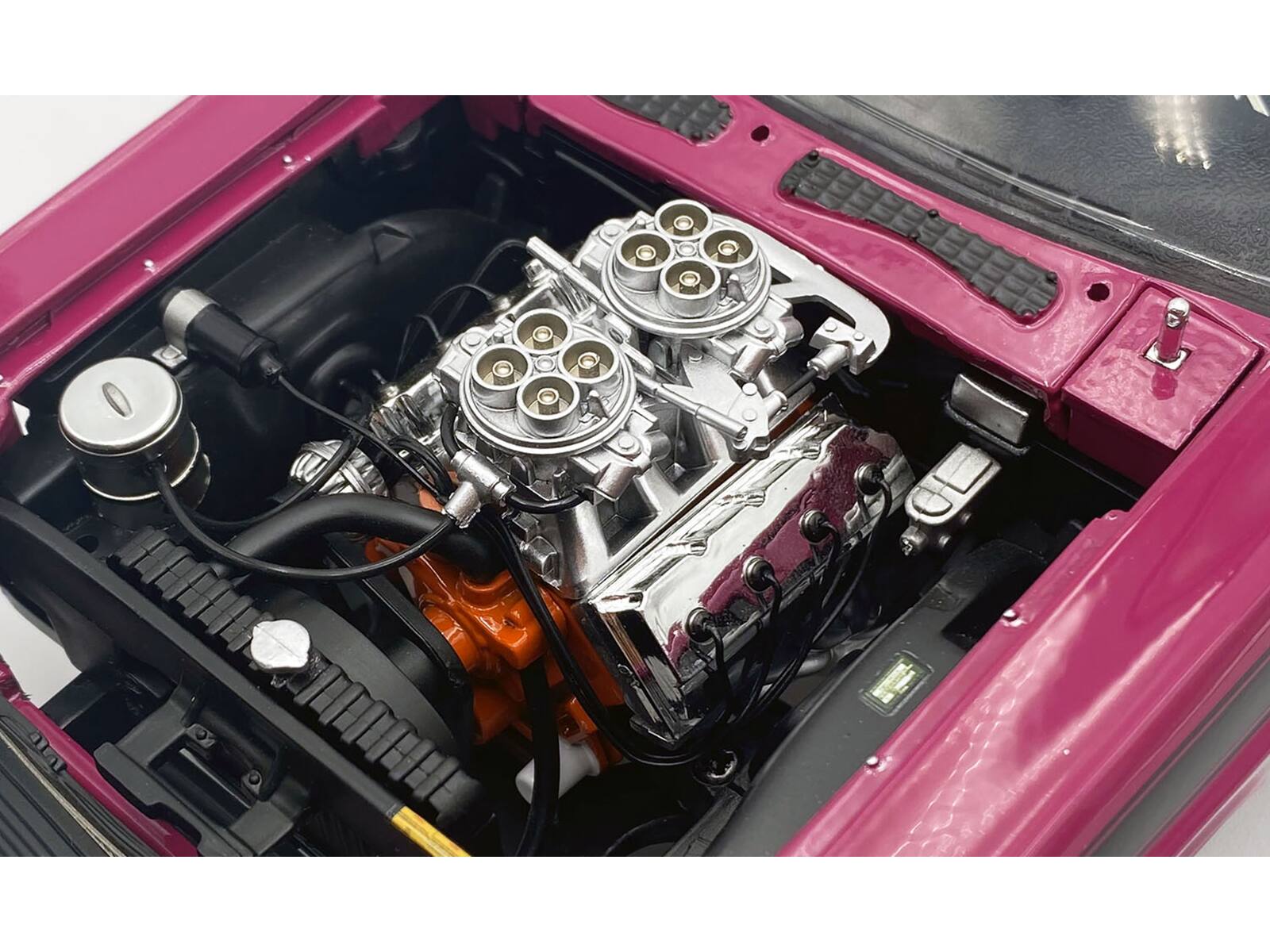 Left. ACME - 1970 Dodge Challenger T/A Pro Stock Mopar Panther Pink w/ Black Stripes & Hood Limited Edition 350 pcs 1/18 - Pink and Black.