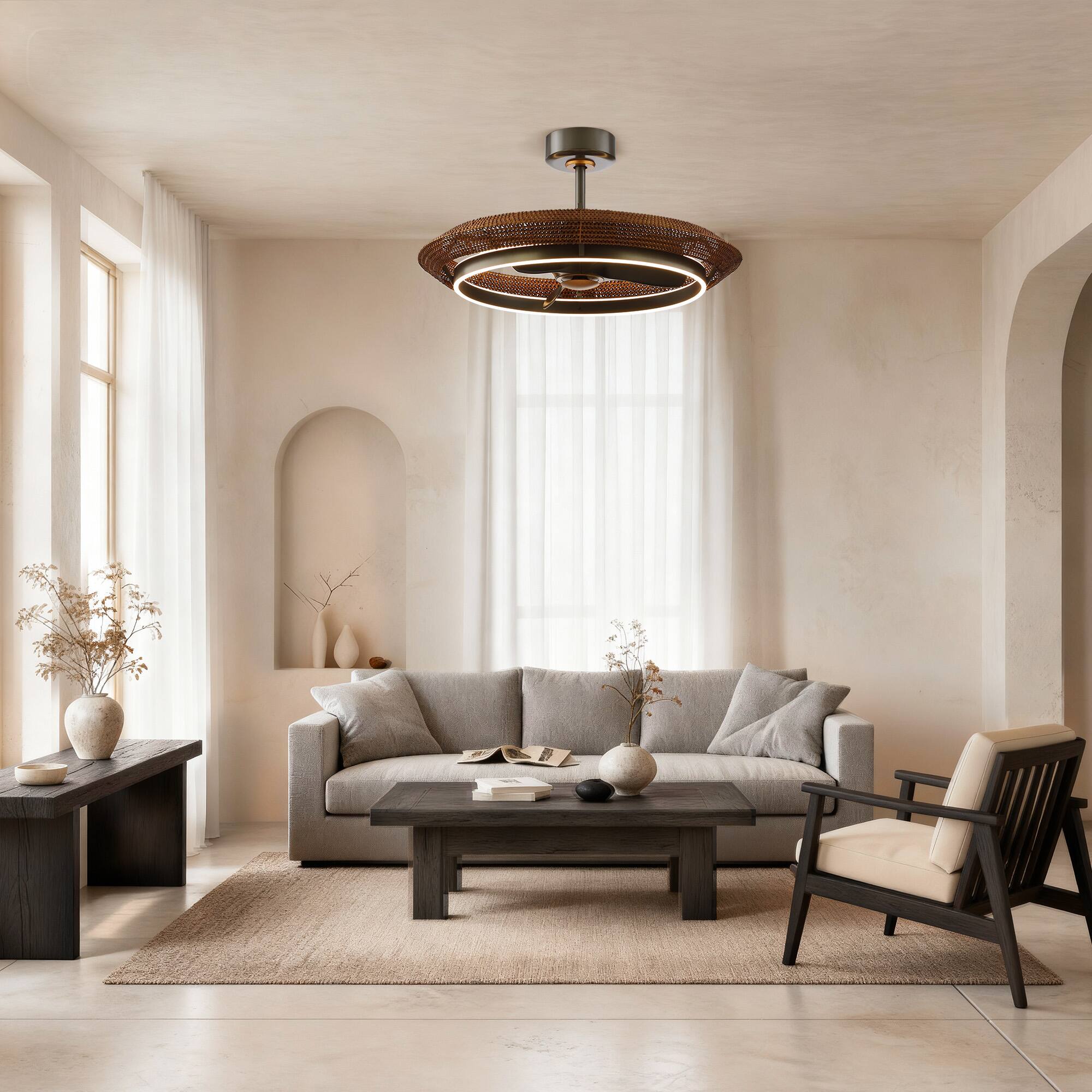 Angle. Parrot Uncle - 24" Farmhouse Balck Hand Rattan LED Fandelier Ceiling Fan with Remote - Black.