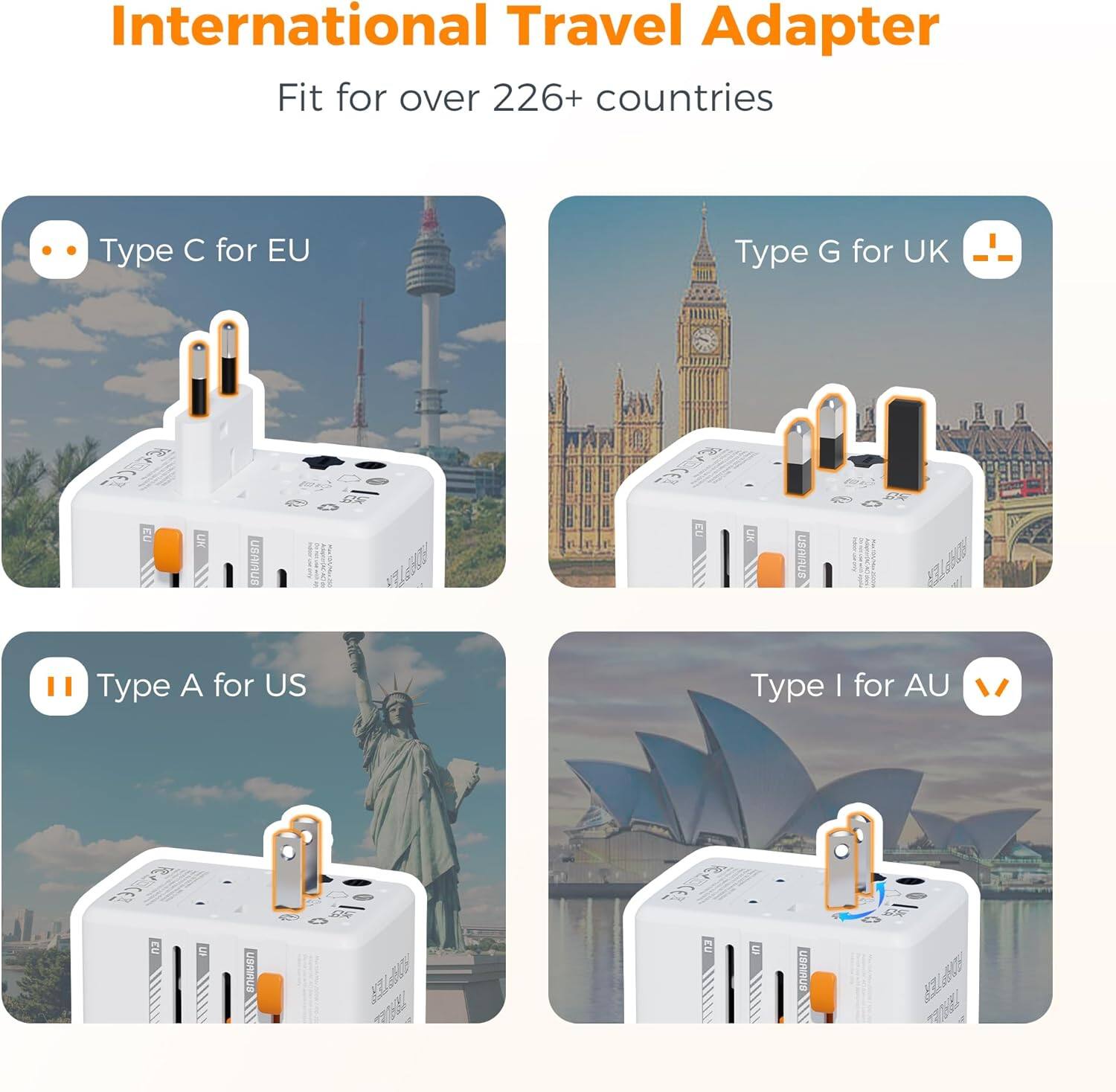 International Travel Adapter  
Fit for over 226+ countries  

- Type C for EU  
- Type G for UK  
- Type A for US  
- Type I for AU