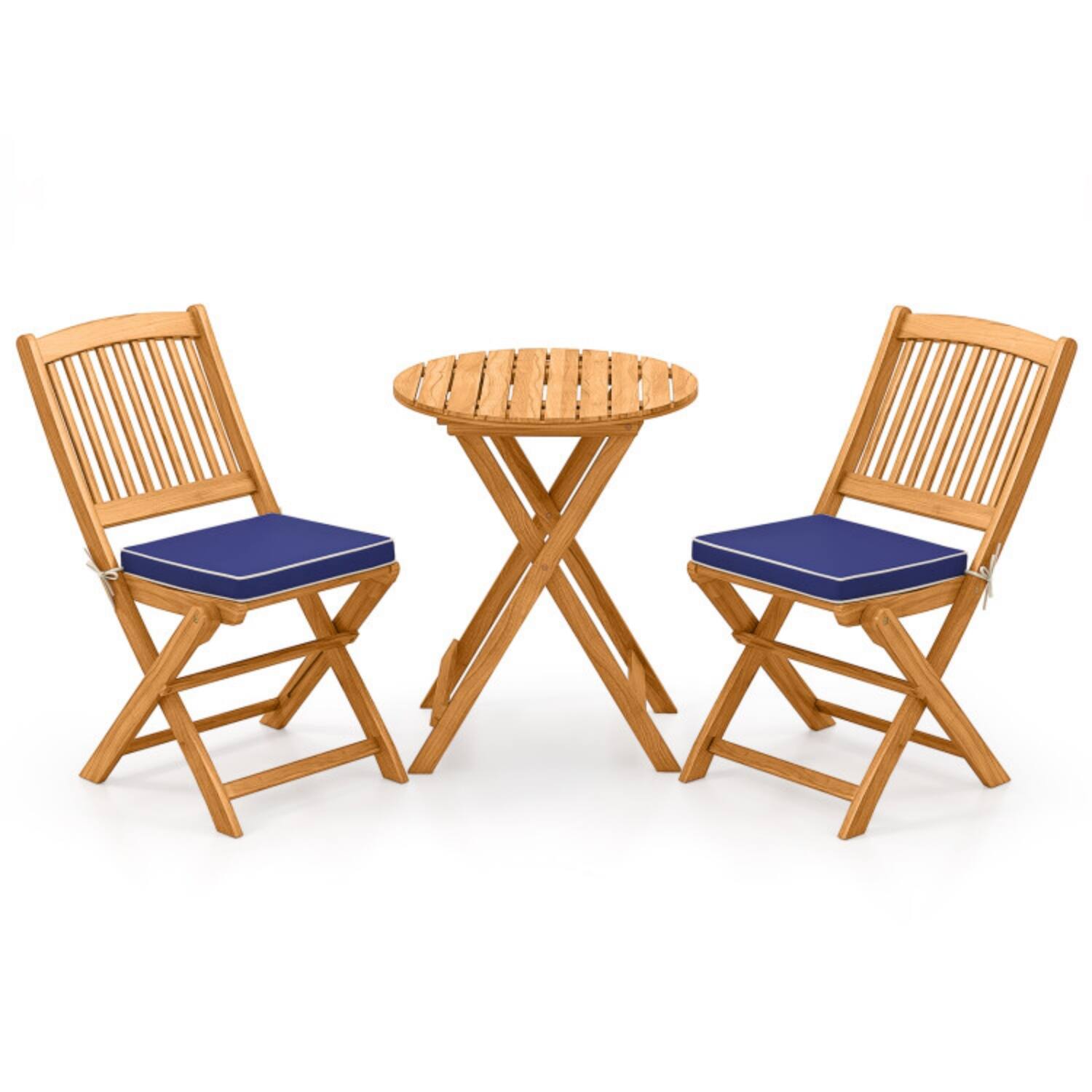 Alt View 3. Mondawe - Folding Acacia Wood Patio Bistro Set with Cushions and Table 3-Piece - Natural+Navy.