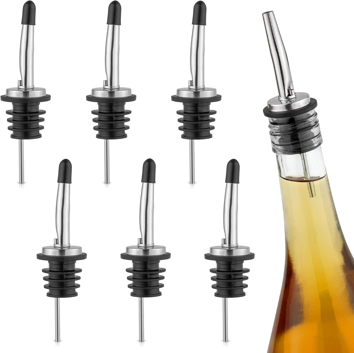 Zulay Kitchen - 6 Pack Stainless Steel Liquor Pourers with Rubber Dust Caps - Tapered Spout Liquor Bottle Pourers