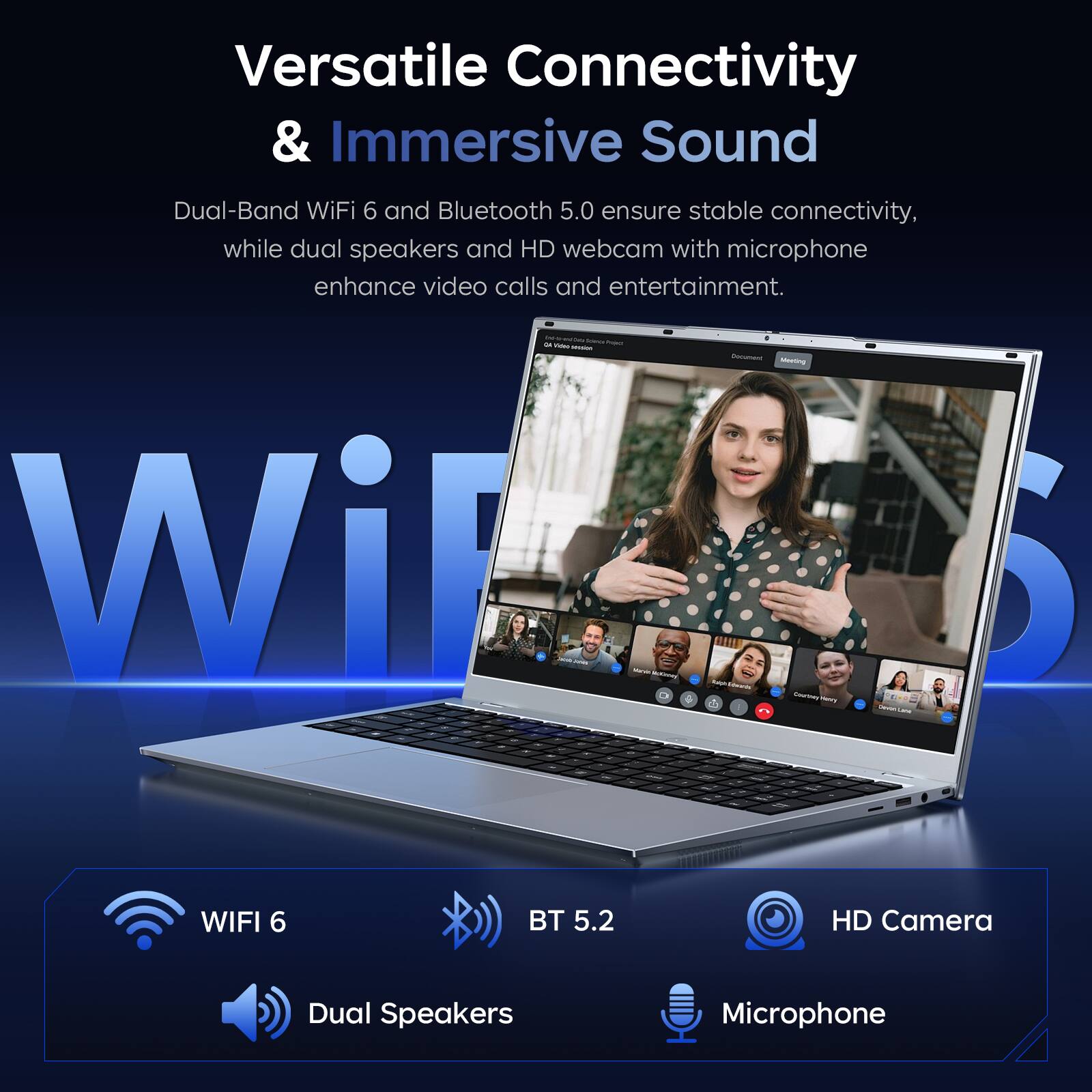 Versatile Connectivity & Immersive Sound

Dual-Band WiFi 6 and Bluetooth 5.0 ensure stable connectivity, while dual speakers and HD webcam with microphone enhance video calls and entertainment.

- WIFI 6
- BT 5.2
- HD Camera
- Dual Speakers
- Microphone