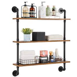 VEVOR - Industrial Pipe Shelf, 3 Tier 32x7.87in, Wall-Mount Floating Rustic Wood Shelves Bracket Display Bookshelf - Black+vintage color