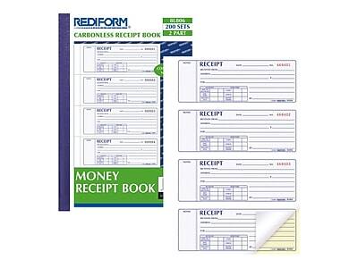 REDIFORM  
CARBONLESS RECEIPT BOOK  
200 SETS  
2 PART  

MONEY RECEIPT BOOK  

RECEIPT  
[Details and fields for receipt]  

RECEIPT  
[Details and fields for receipt]  

RECEIPT  
[Details and fields for receipt]  

RECEIPT  
[Details and fields for receipt]  

RECEIPT  
[Details and fields for receipt]