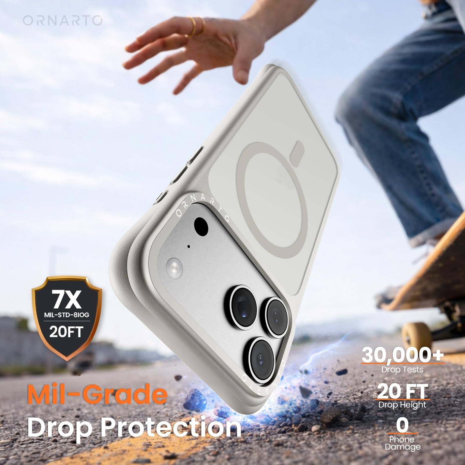 ORNARTO G 7X MIL-STD-810G 20FT Mil-Grade Drop Protection 30,000+ Drop Tests 20 FT Drop Height 0 Phone Damage