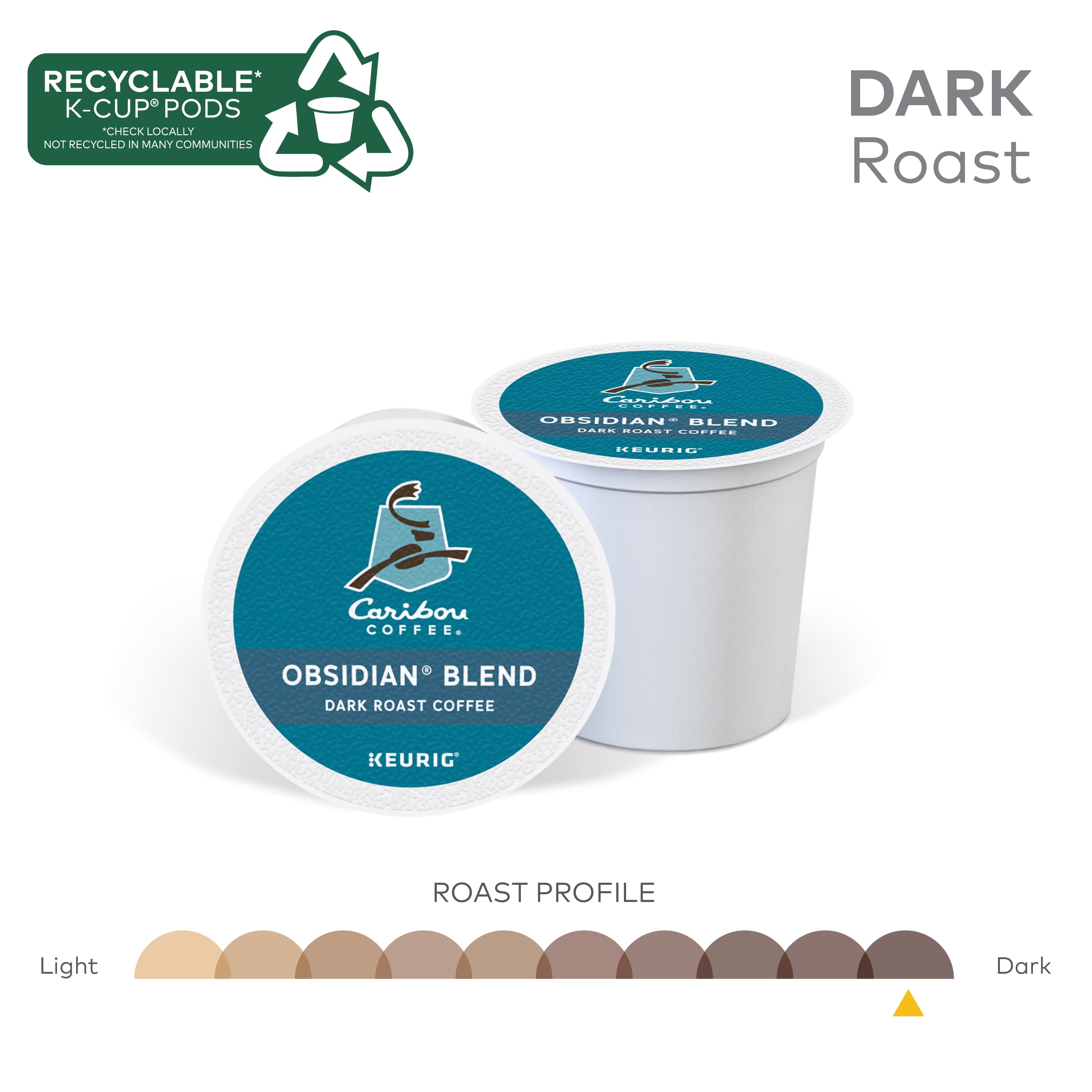 RECYCLABLE* K-CUP PODS CHECK LOCALLY NOT RECYCLED IN MANY COMMUNITIES DARK Roast Cudo OBSIDIAN BLEND ...- O-. corres eURIS Caribou COPFEE. OBSIDIAN BLEND DARK ROAST COFFEE KEURIG ROAST PROFILE Light Dark