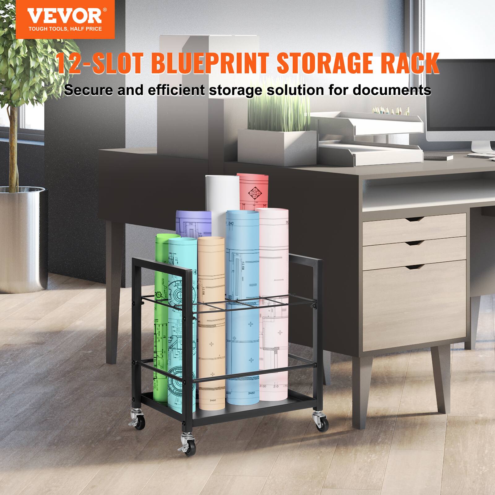 VEVOR TOUGH TOOLS, HALF PRICE

12-SLOT BLUEPRINT STORAGE RACK

Secure and efficient storage solution for documents