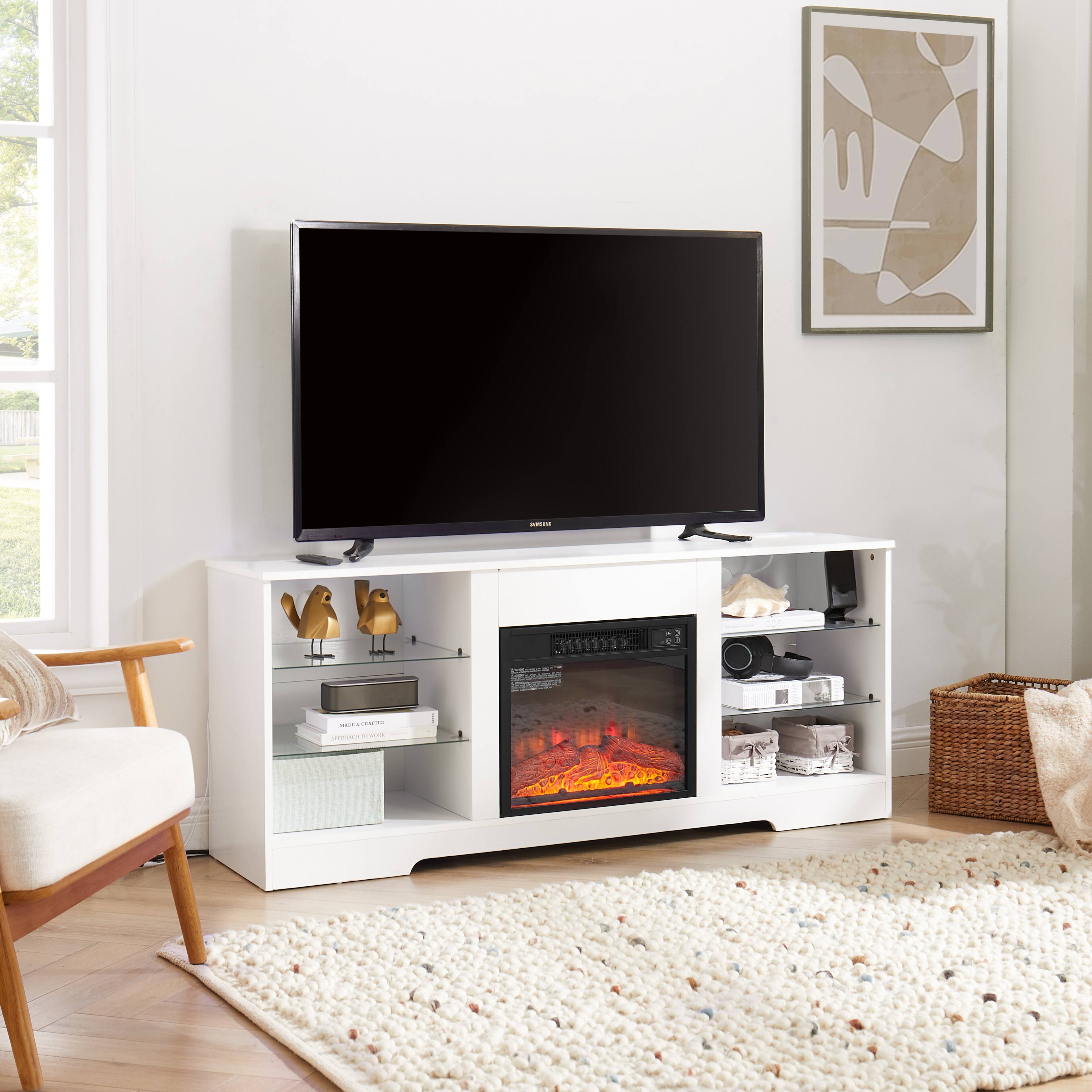 Alt View 3. Boyel Living - 58In Wood TV Stand with Electric Fireplace Glass Shelves LED Lights USB Charging Fits 62In TV - White.