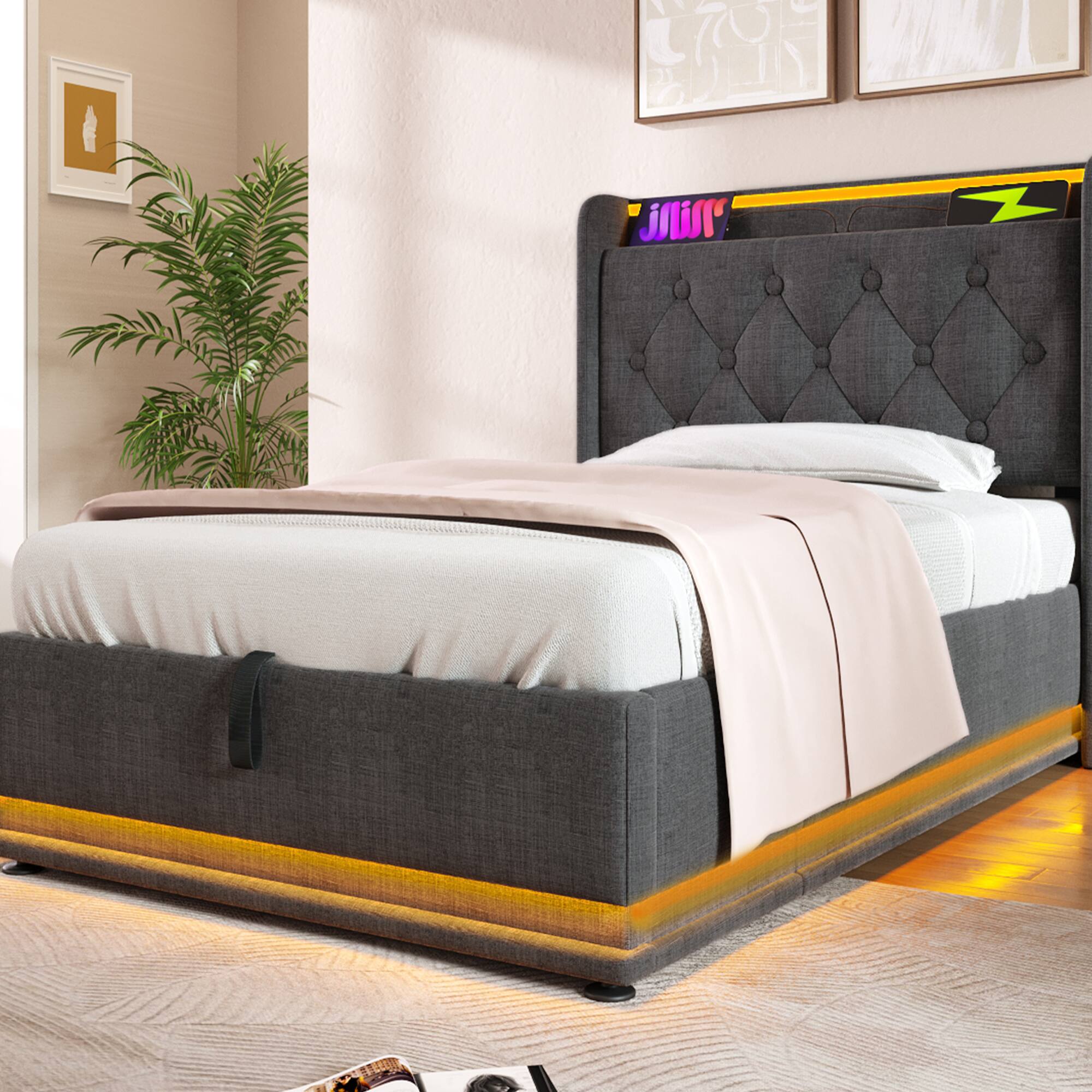 Alt View 2. GOODSILO - Twin Size Upholstered Bed Frame with LED Lighting and Hydraulic Storage - Gray.