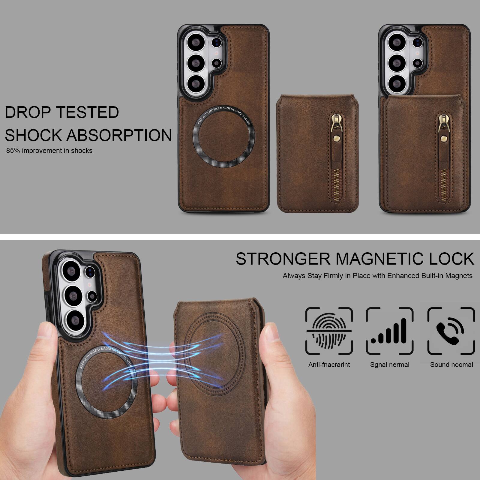 DROP TESTED  
SHOCK ABSORPTION  
85% improvement in shocks  

STRONGER MAGNETIC LOCK  
Always Stay Firmly in Place with Enhanced Built-in Magnets  

Anti-fracrariant  
Signal normal  
Sound noomal