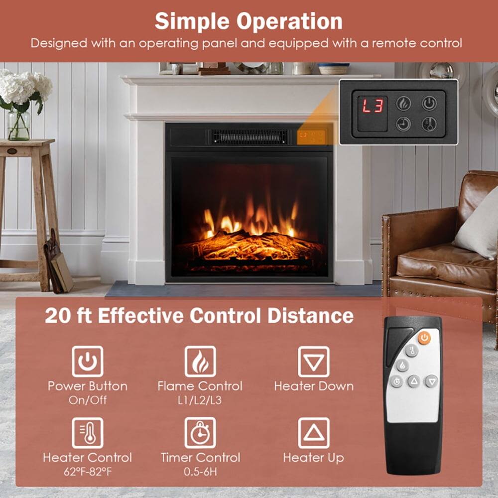 Simple Operation  
Designed with an operating panel and equipped with a remote control  

20 ft Effective Control Distance  

- Power Button On/Off  
- Flame Control L1/L2/L3  
- Heater Down  
- Heater Control 62°F-82°F  
- Timer Control 0.5-6H  
- Heater Up