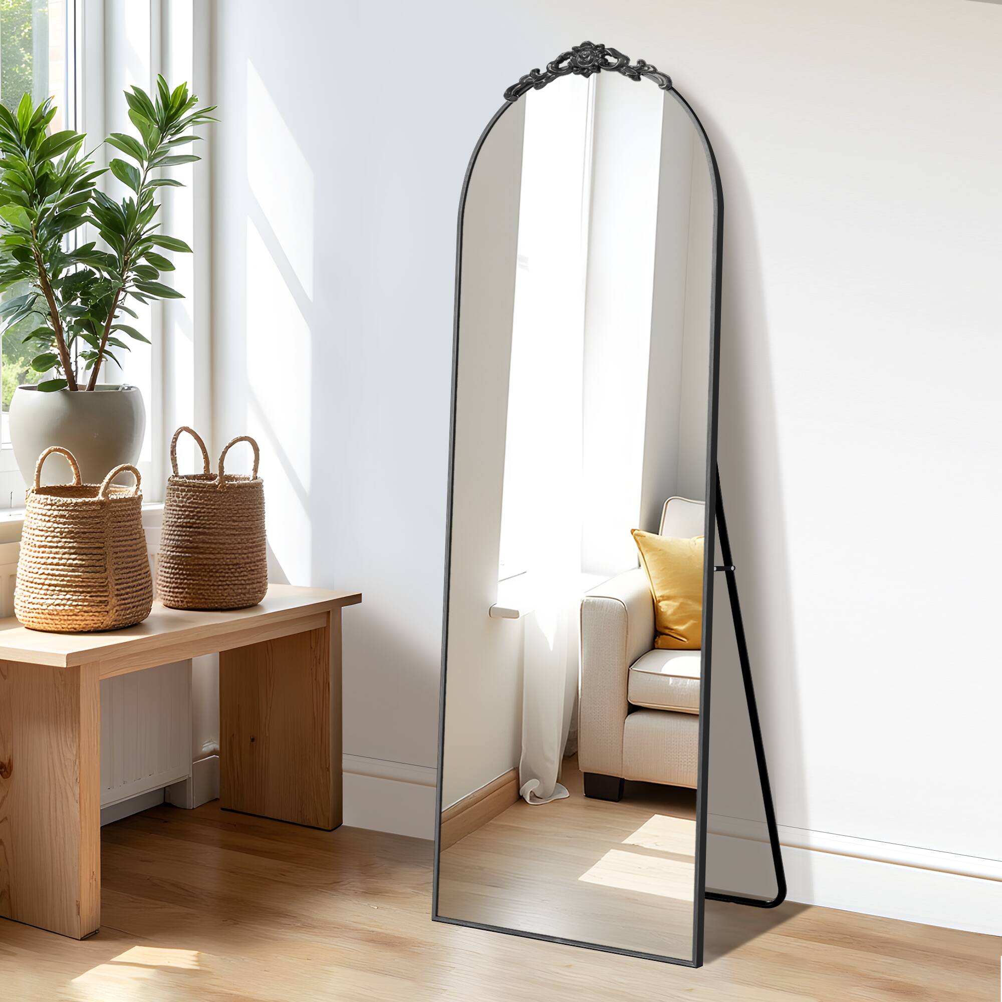 Alt View 1. Lirago - 64" x 21" Arched full body mirror with Black Scratch-Resistant Aluminum Alloy Frame with Stand - Black.