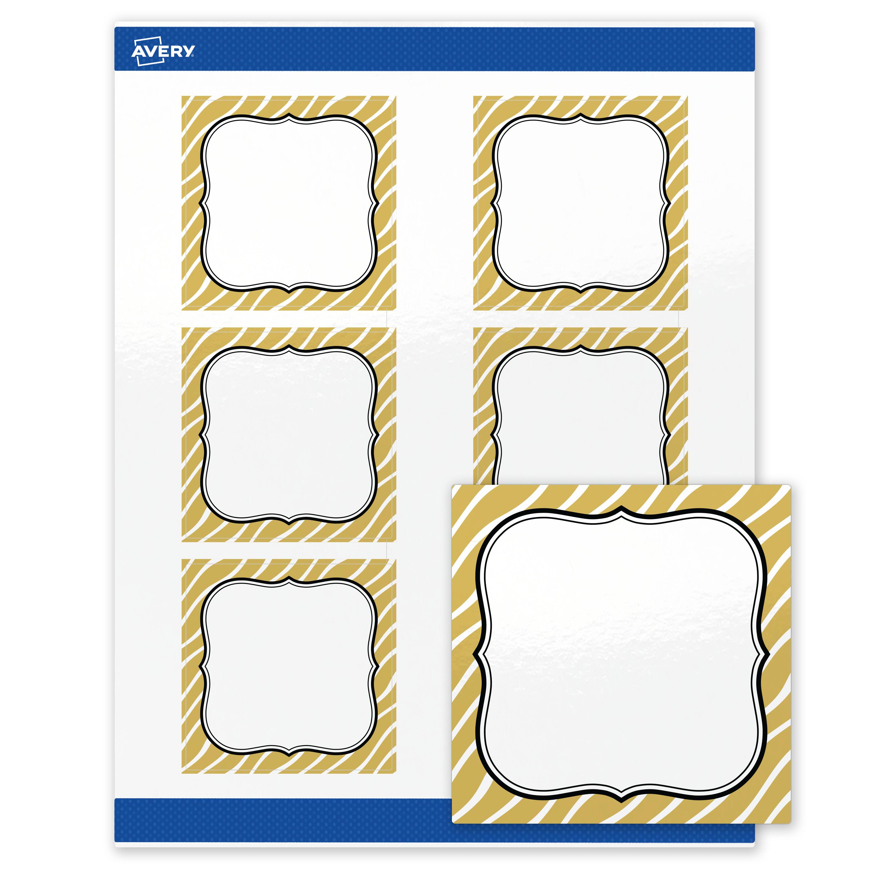Front. Avery - Avery Labels, 3" x 3", Glossy White, Metallic Gold Zebra Pattern - White.