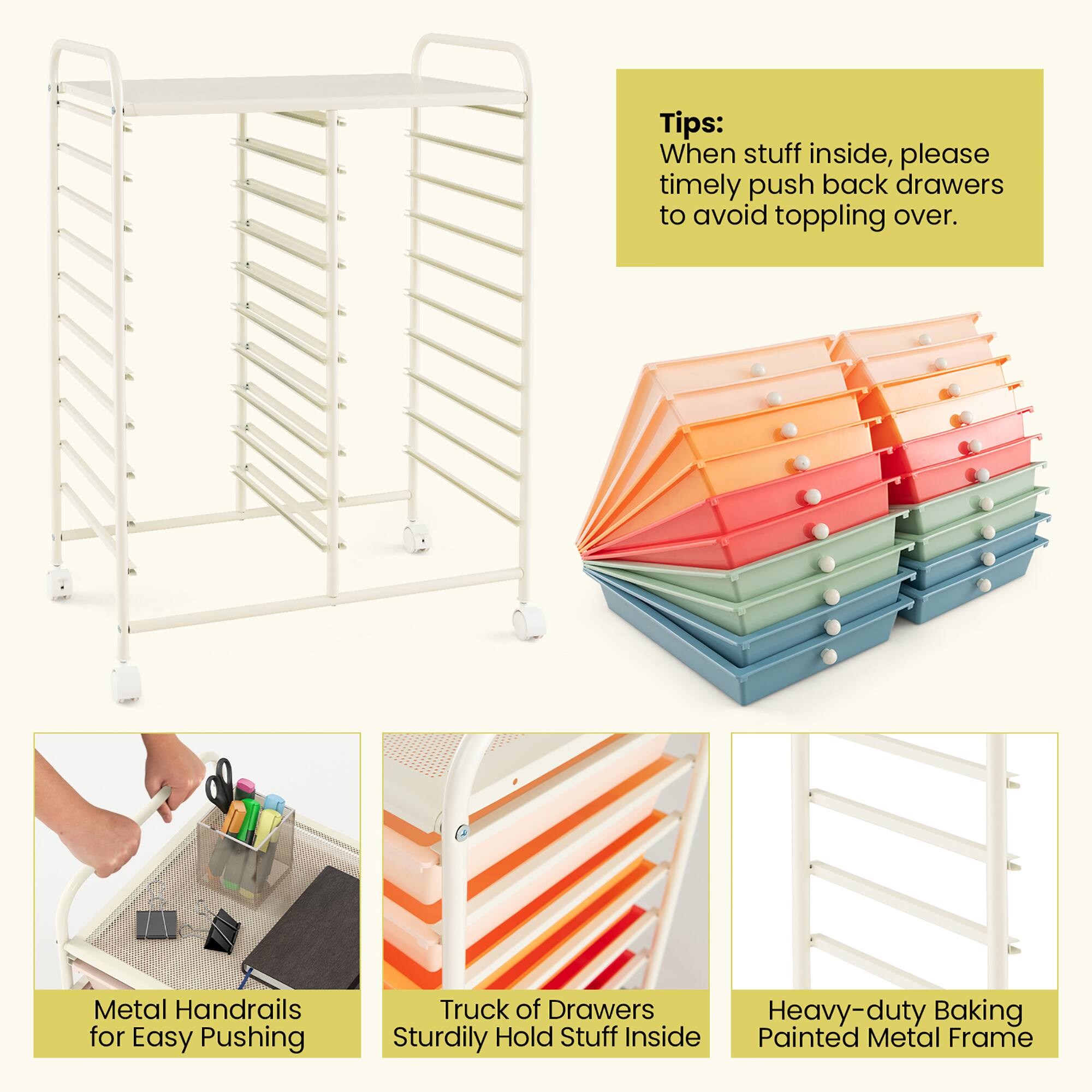 Tips:  
When stuff inside, please timely push back drawers to avoid toppling over.

Metal Handrails for Easy Pushing

Truck of Drawers Sturdily Hold Stuff Inside

Heavy-duty Baking Painted Metal Frame