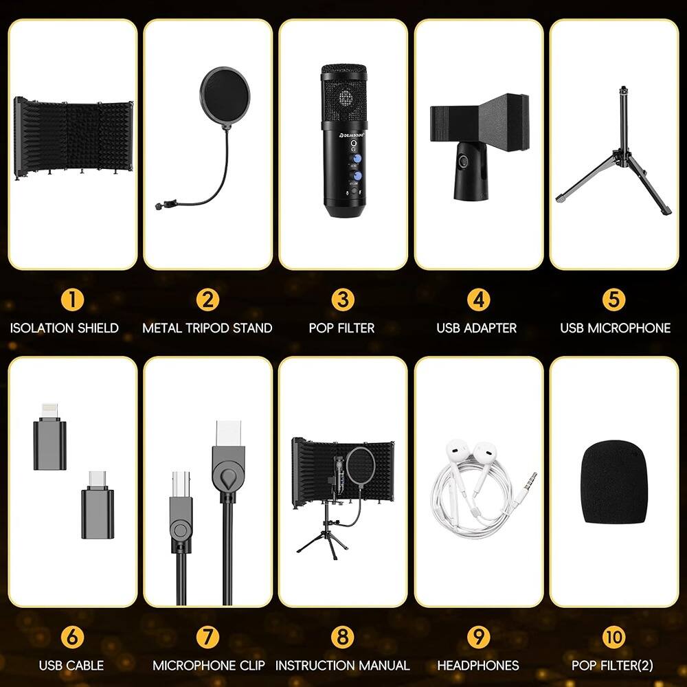 1. Isolation Shield  
2. Metal Tripod Stand  
3. Pop Filter  
4. USB Adapter  
5. USB Microphone  
6. USB Cable  
7. Microphone Clip  
8. Instruction Manual  
9. Headphones  
10. Pop Filter (2)