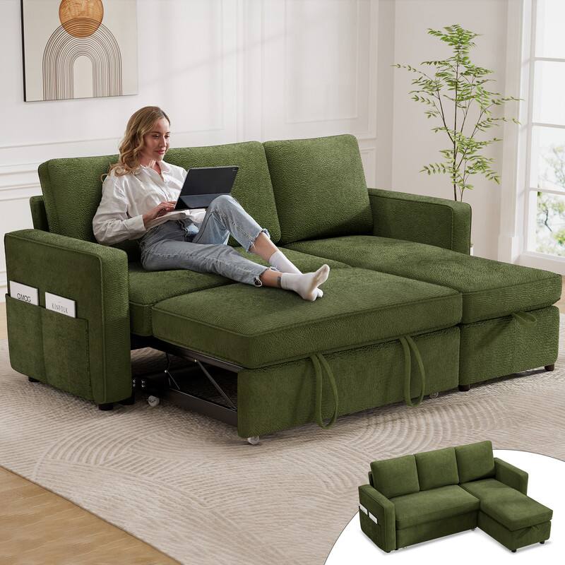 Dyonery - 81" Sleeper Sofa Bed, 2 in 1 Pull Out Couch with Reversible Storage Chaise, Green - Green