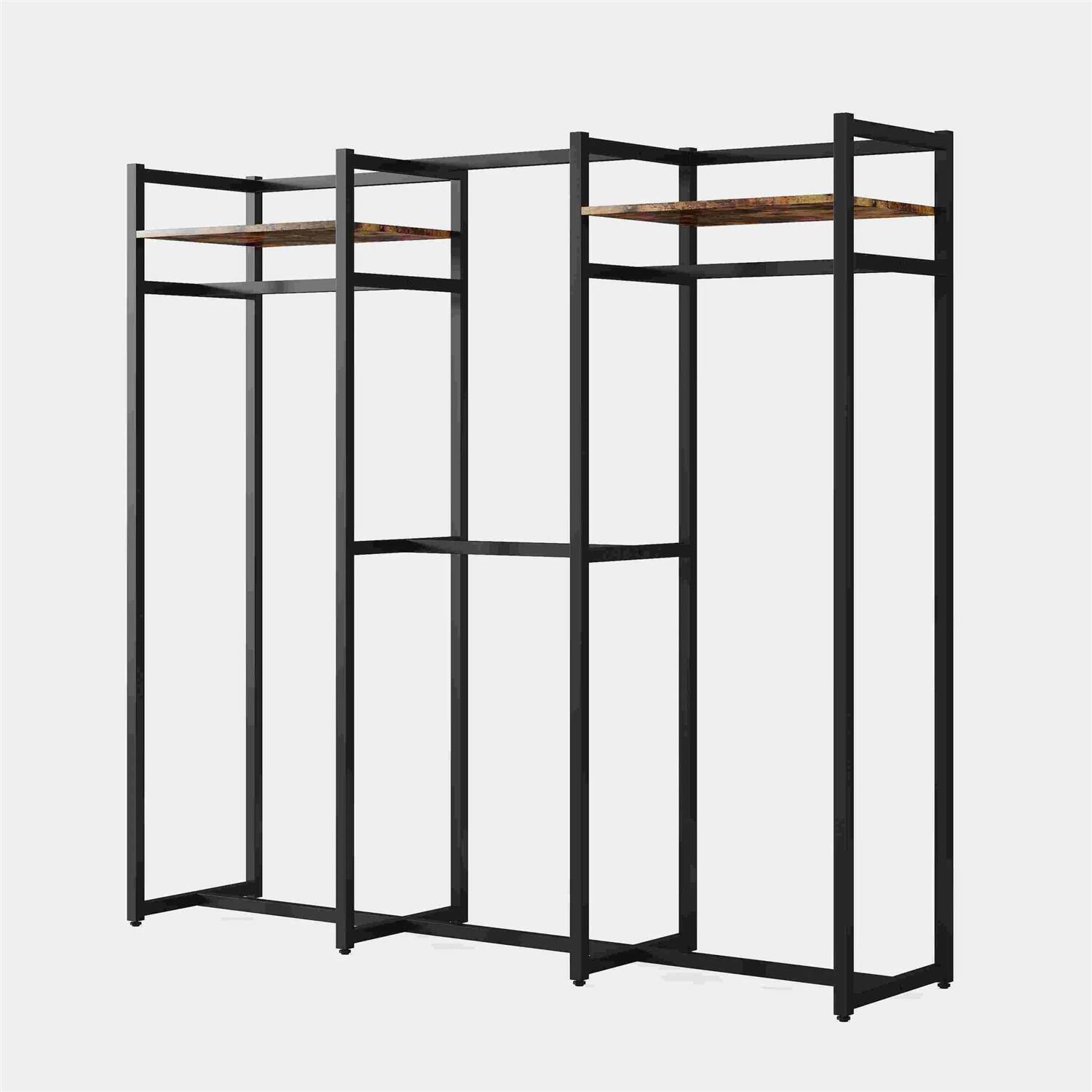 Back. Hivvago - Black Metal Garment Rack with 4 Clothes Hanging Rods and 2 Wood Storage Shelves - Rustic Brown.