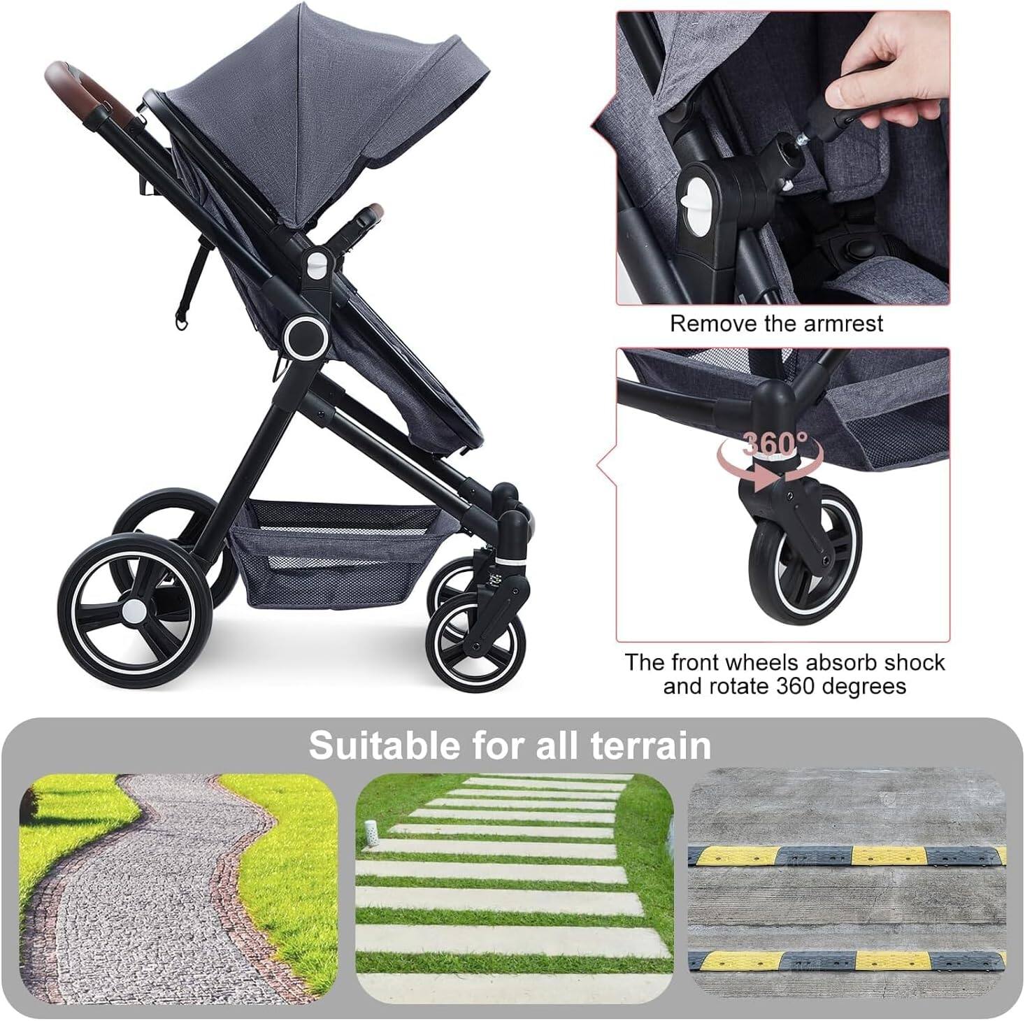 - Remove the armrest
- The front wheels absorb shock and rotate 360 degrees
- Suitable for all terrain