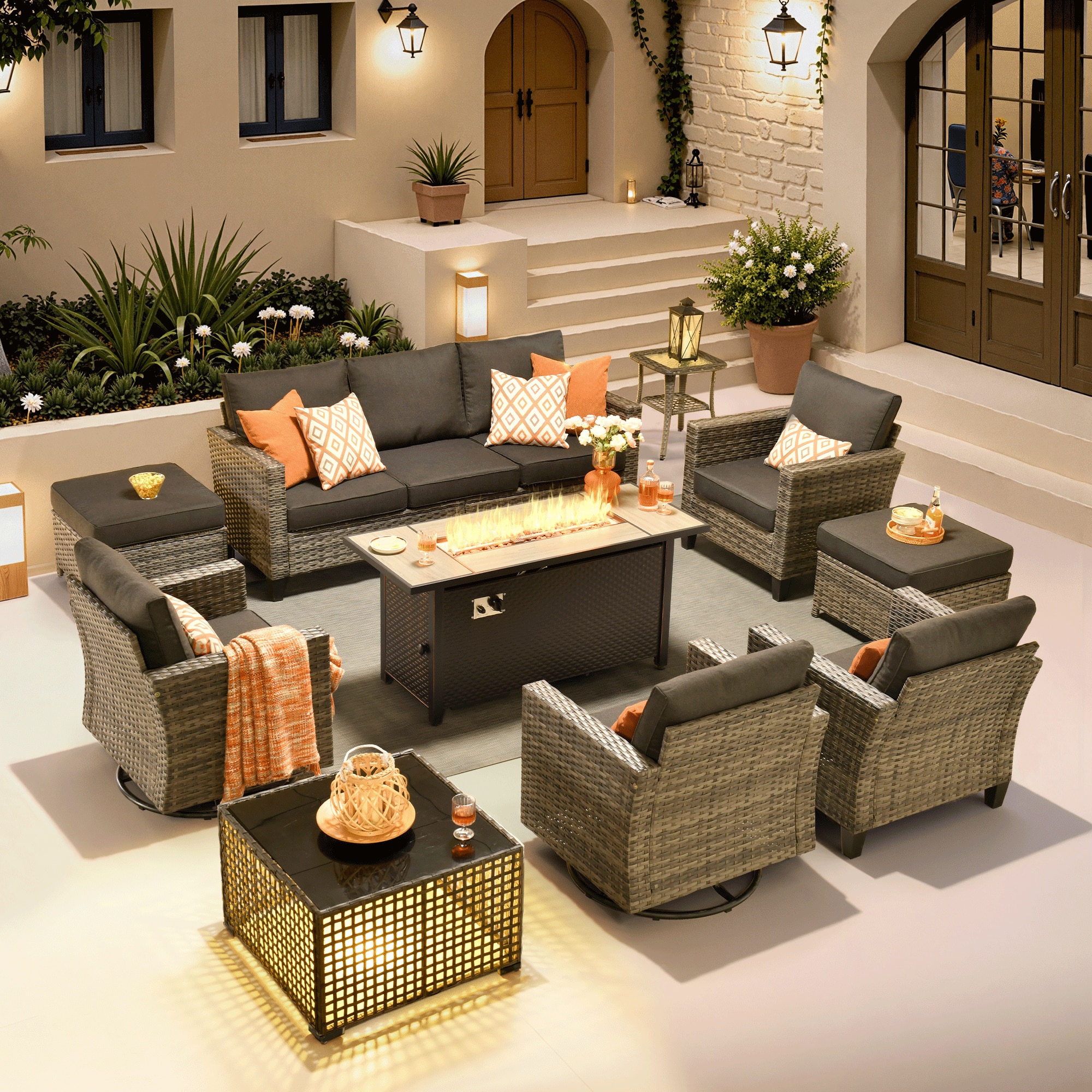 Ovios - 10 PCS Patio Furniture, Wicker Sofa with 54" Fire Pit Table, High Back Armchair with Coffee Table & Ottoman - Black