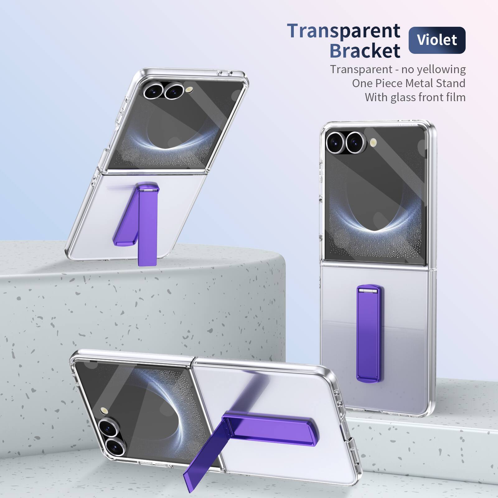 Transparent Violet Bracket  
Transparent - no yellowing  
One Piece Metal Stand  
With glass front film
