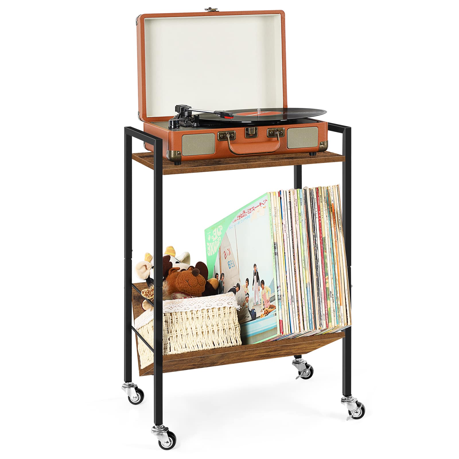 Oumilen - Mobile Turntable Stand with Vinyl Storage Shelf - Brown
