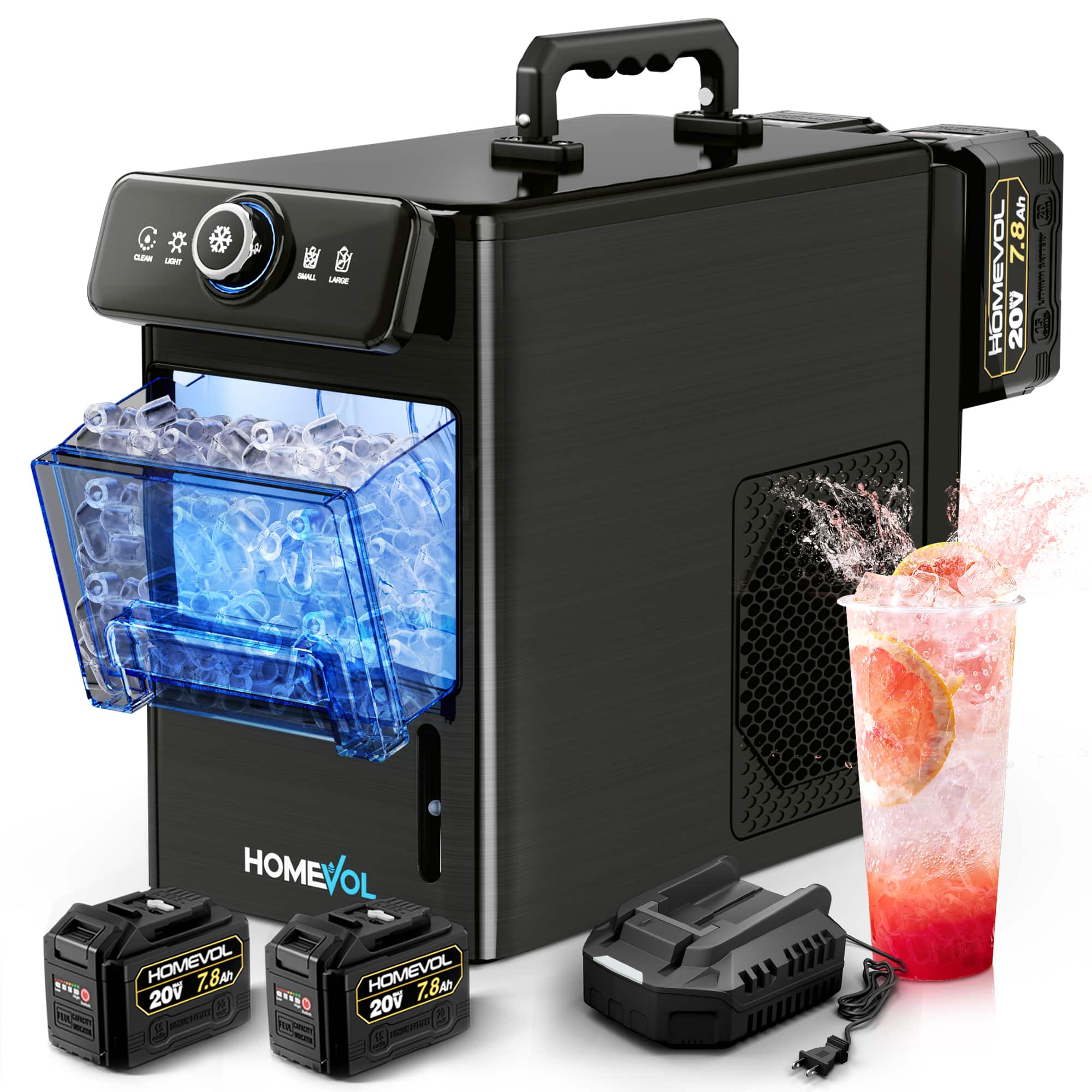 Homevol - Cordless Battery-Powered & Dual AC/DC Portable Ice Maker – 2 Batteries Included, 30 lbs Daily for Camping, RV & Indoor - Black