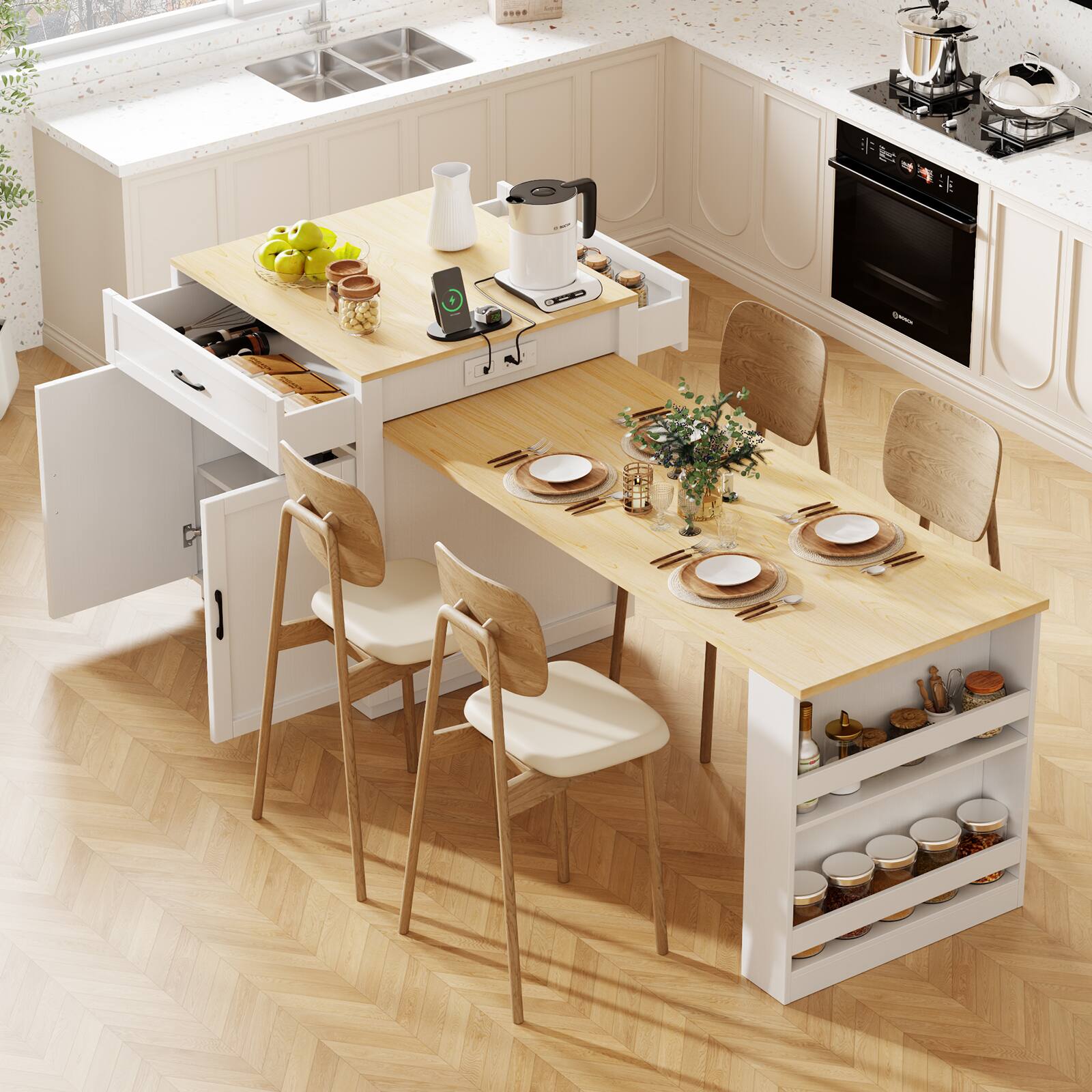 Front. Chateau Abodes - 82.7" Kitchen Island with Extendable Dining Table for 4-6, Power Outlet, 2 Drawers & 2 Side Shelves - White.