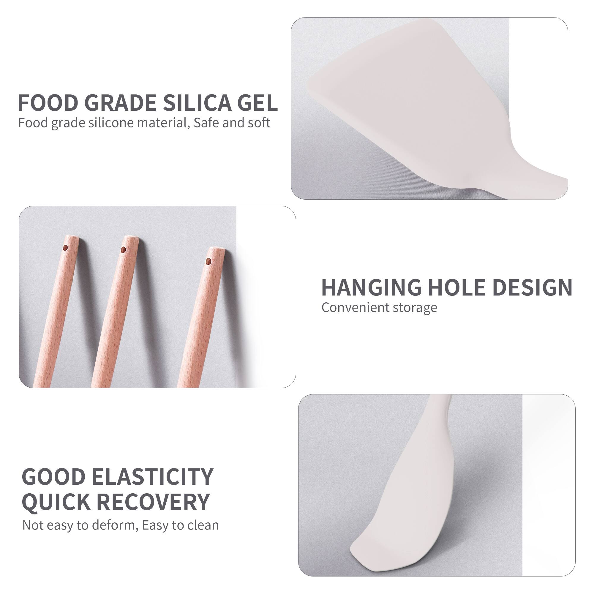 FOOD GRADE SILICA GEL  
Food grade silicone material, Safe and soft  

HANGING HOLE DESIGN  
Convenient storage  

GOOD ELASTICITY QUICK RECOVERY  
Not easy to deform, Easy to clean