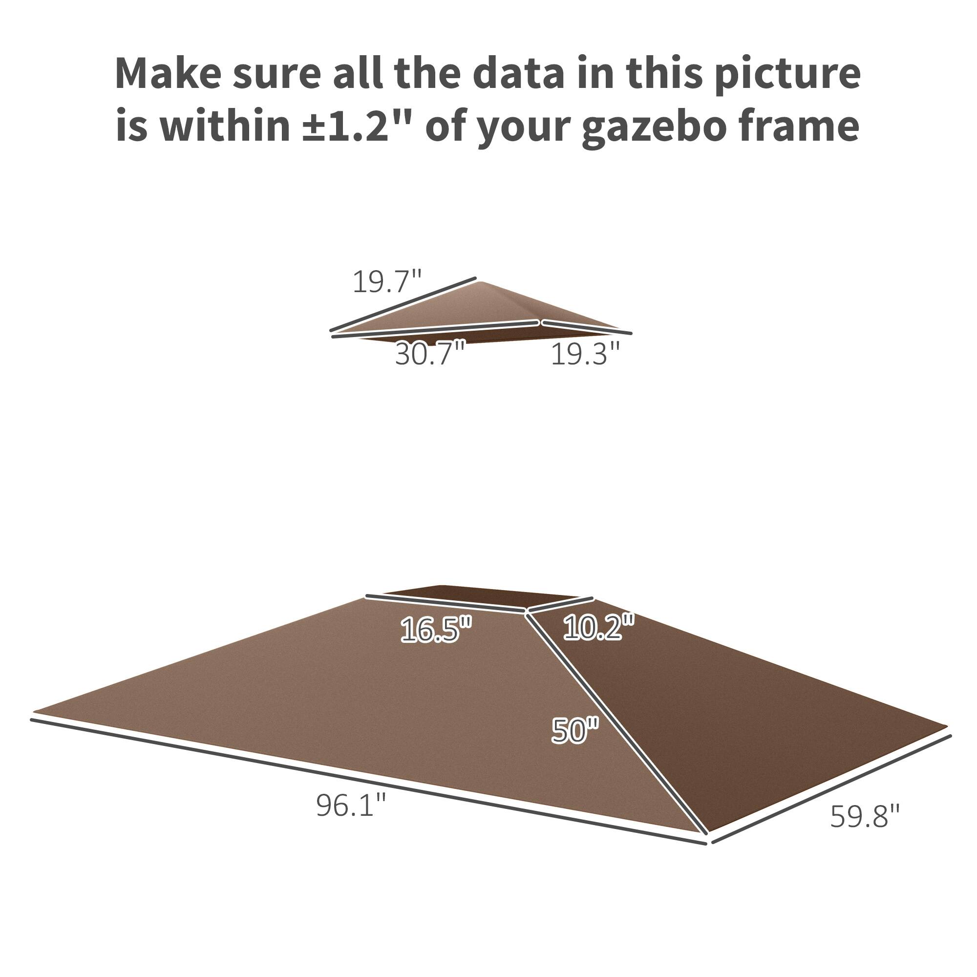 Make sure all the data in this picture is within ±1.2" of your gazebo frame

- 19.7"
- 30.7"
- 19.3"
- 16.5"
- 10.2"
- 50"
- 96.1"
- 59.8"